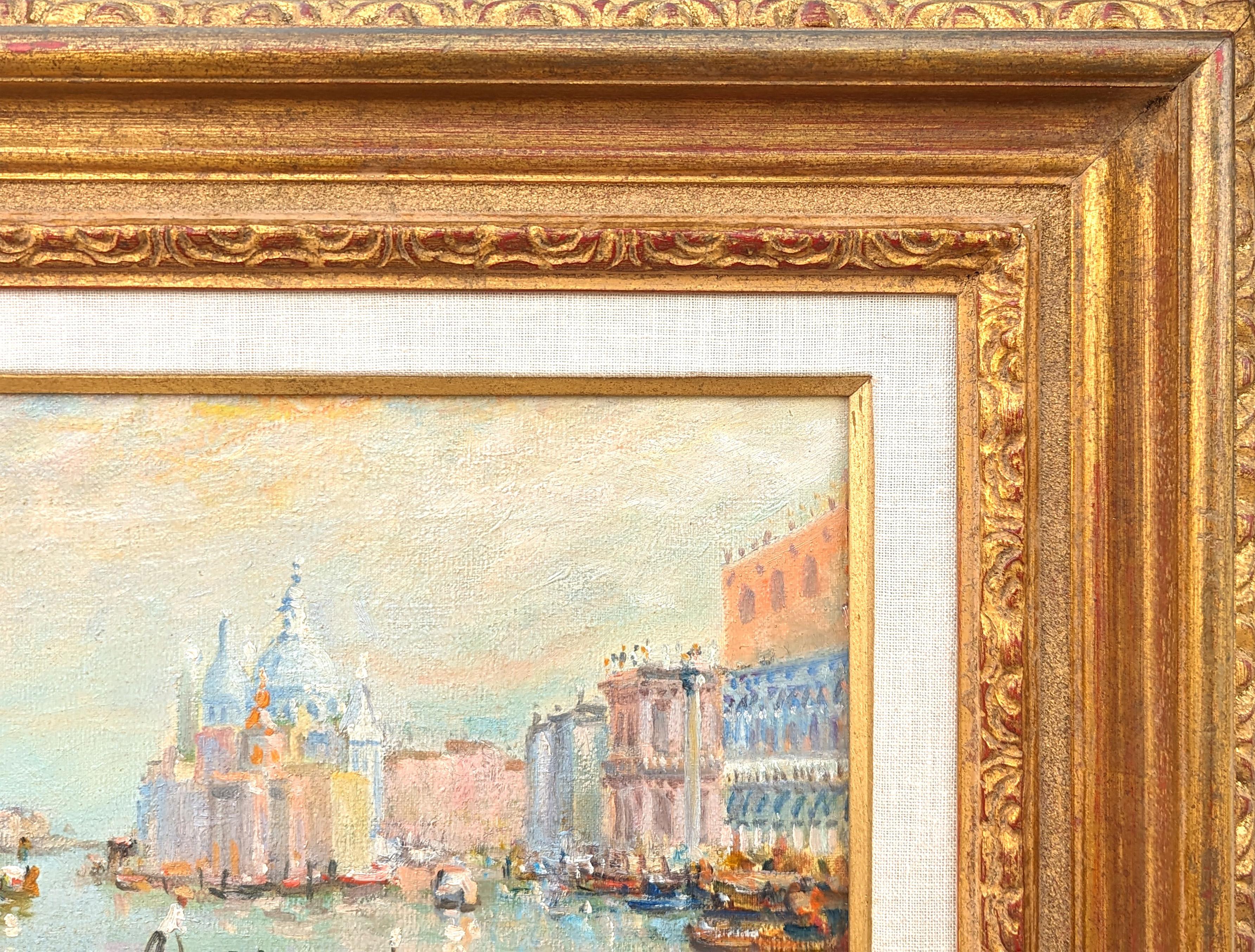 Pintura de paisaje italiano de góndolas venecianas en tonos pastel de estilo impresionista - Landscape Painting Marrón de Luciano Rampaso