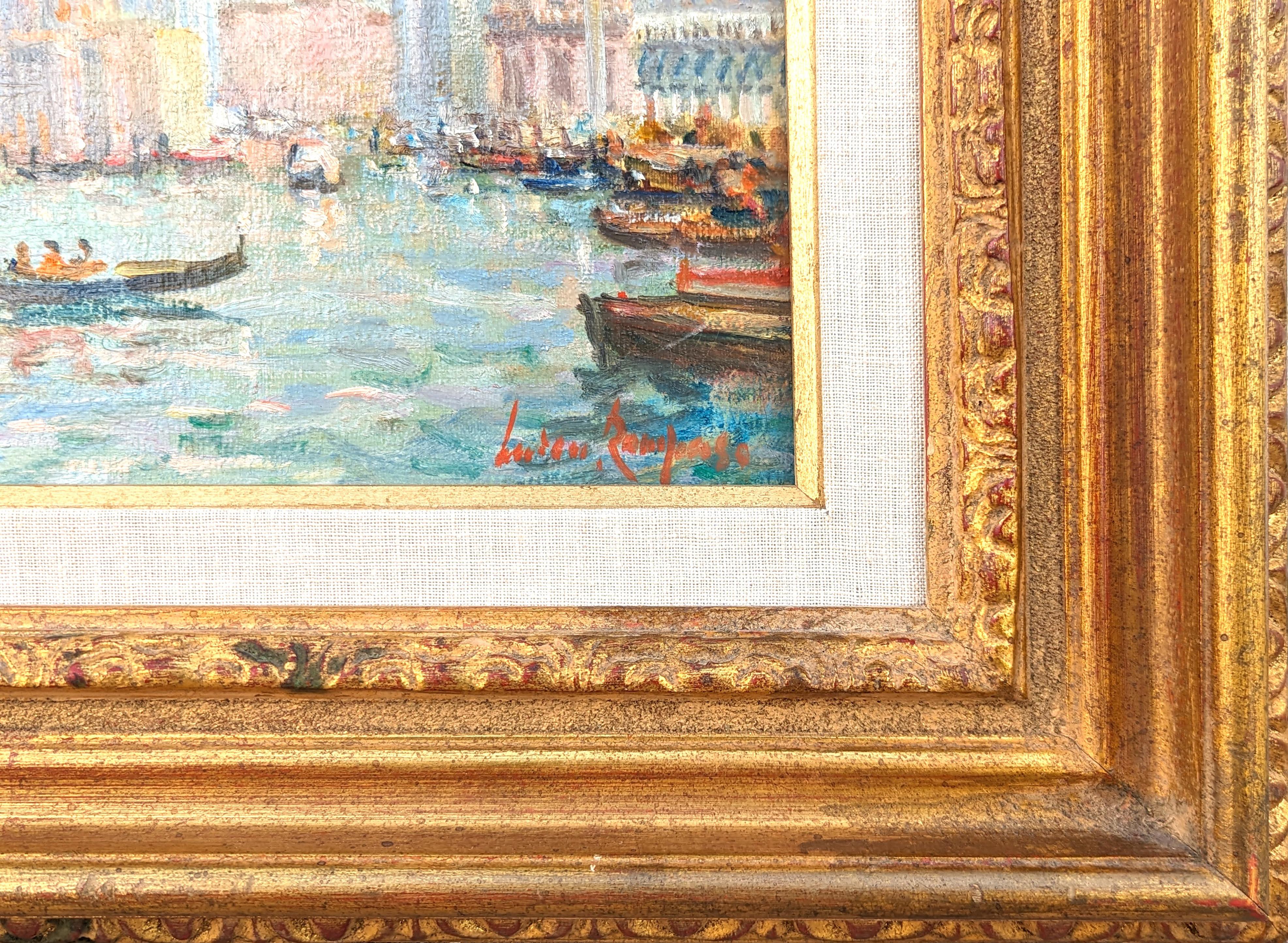 Pintura de paisaje italiano de góndolas venecianas en tonos pastel de estilo impresionista 1
