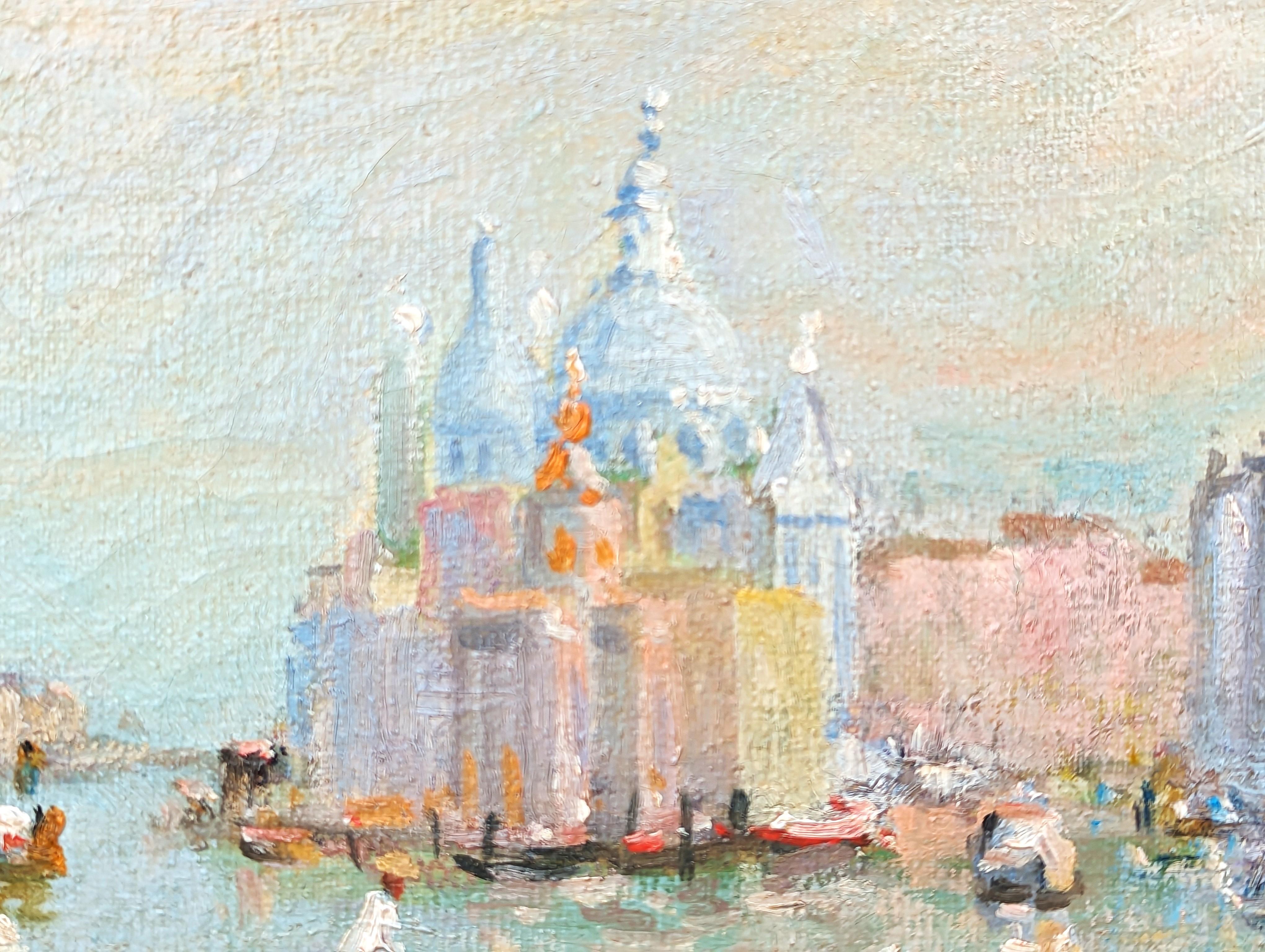 Pintura de paisaje italiano de góndolas venecianas en tonos pastel de estilo impresionista 3