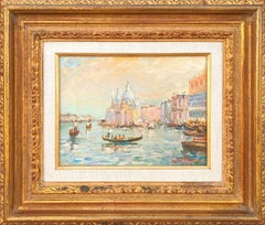 Pastel Toned Impressionist Style Italian Landscape Painting of Venetian Gondolas