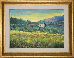Flowers Among the Olive Trees - Original Oil Painting by Luciano Sacco -  1980s