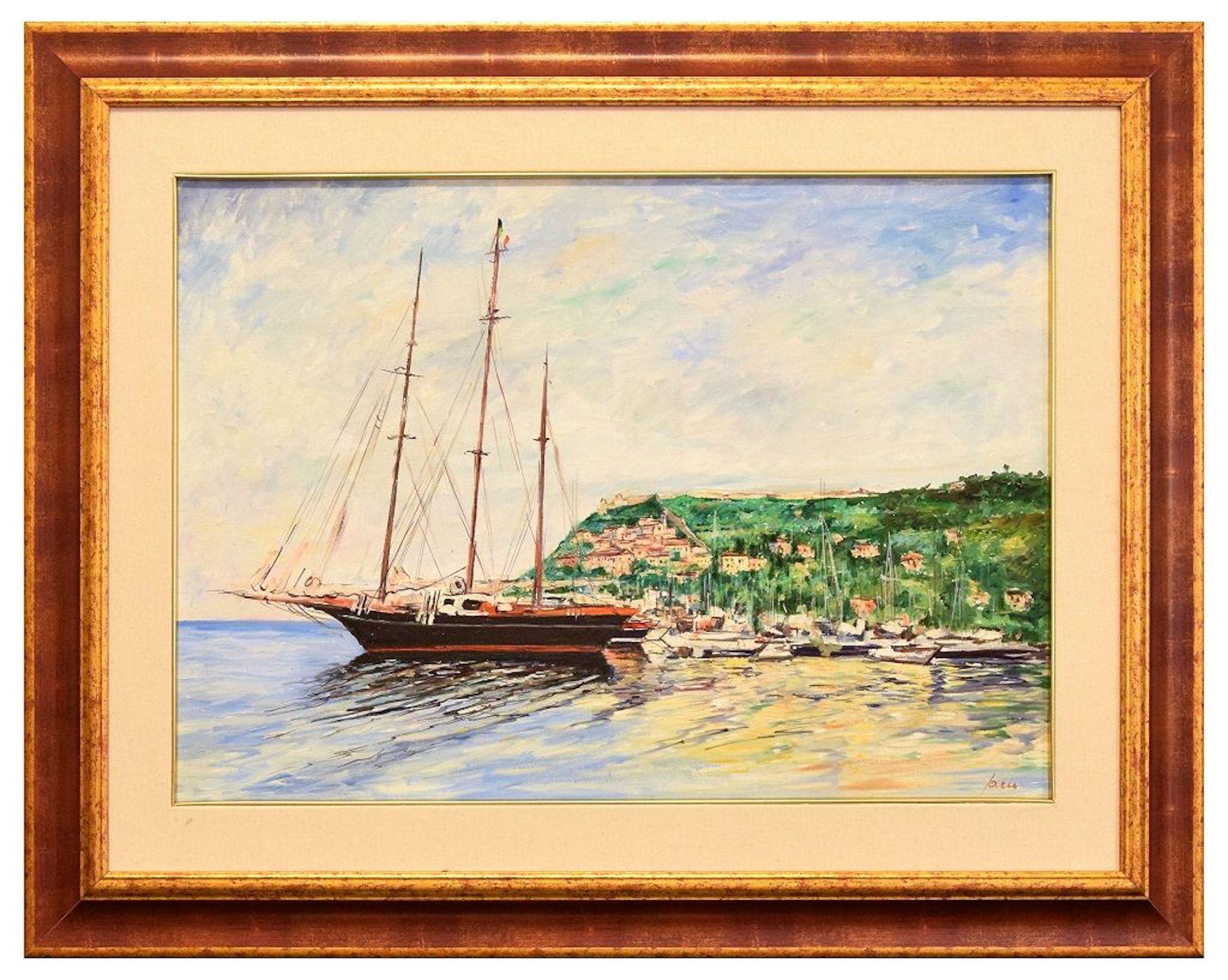 Elba is a very colorful oil painting on canvas realized by the Italian contemporary artist Luciano Sacco in the 1970s.

Including a frame (73 x 93cm). Hand-signed by the artist on the lower right. Titled on the back.

Very good conditions.

This