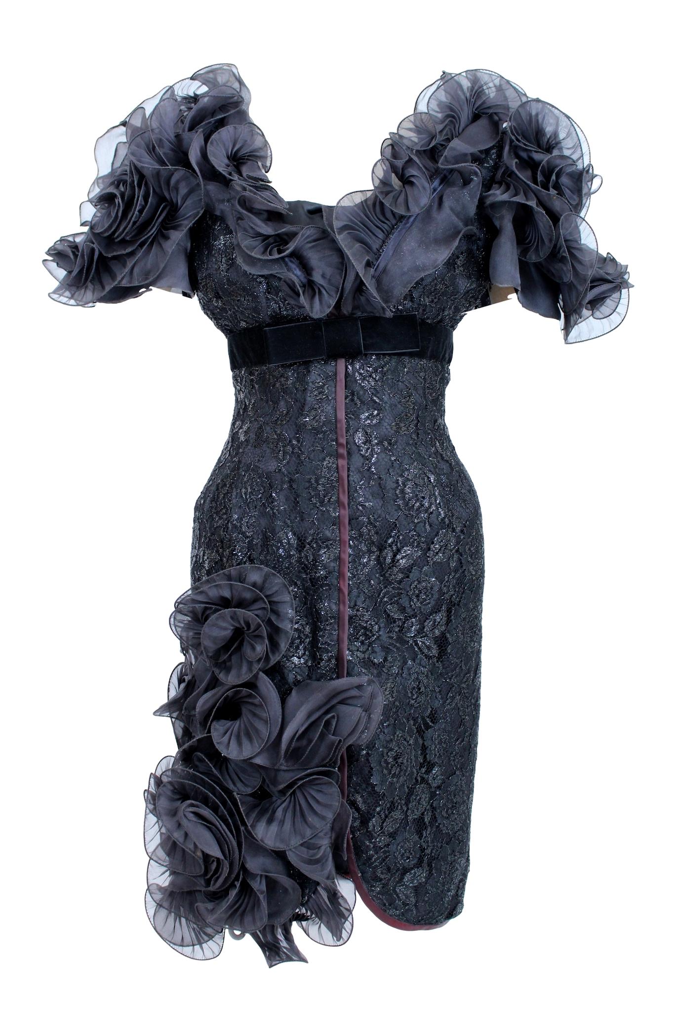 Luciano Sarli Silk Rouches Lace Black Vintage Evening Dress For Sale