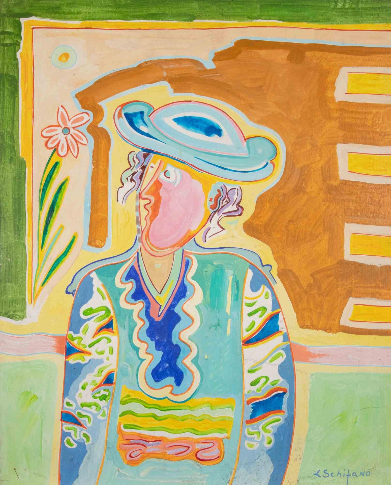 Portrait with Hat - Painting by Luciano Schifano - 1988