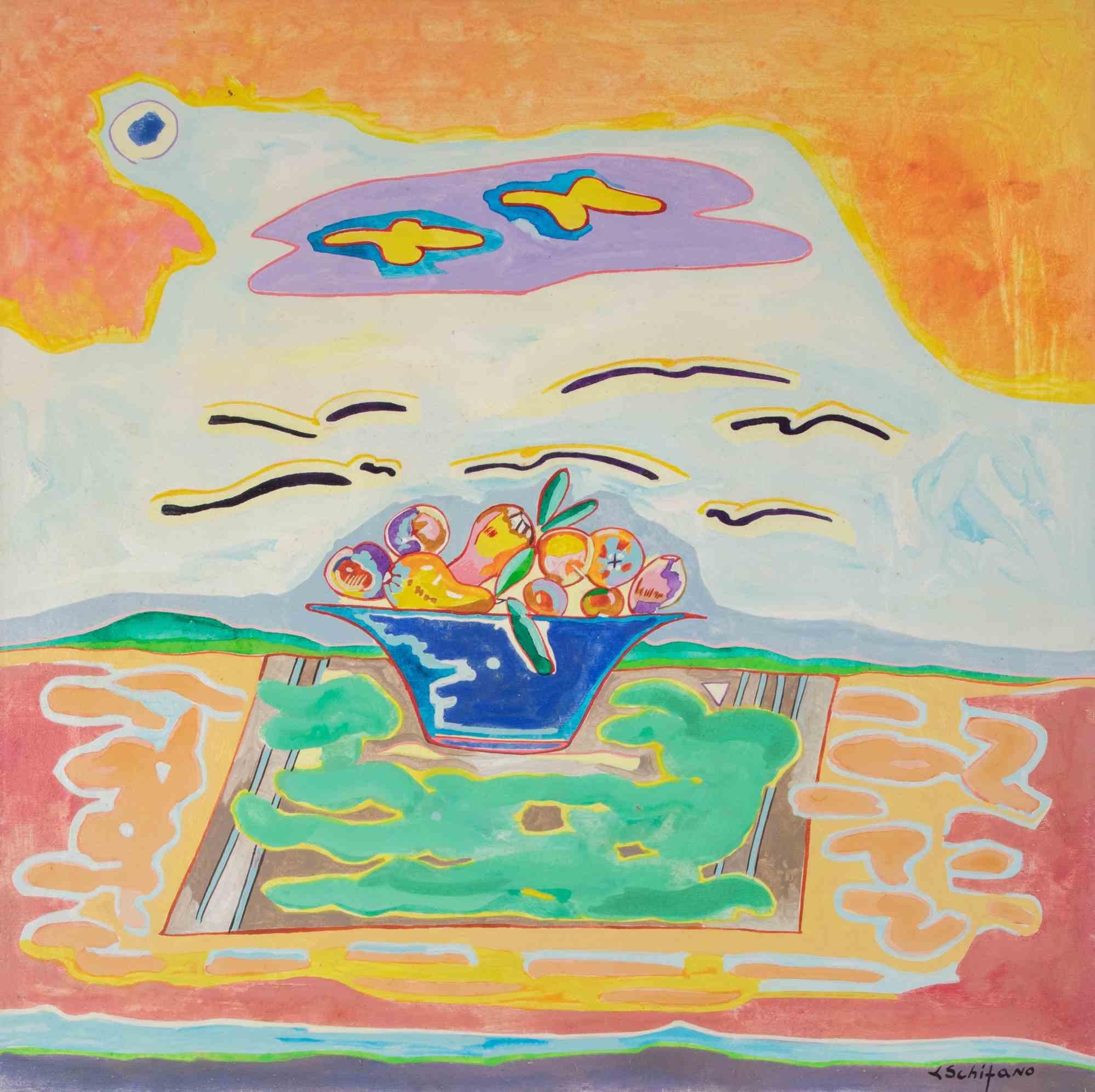 Still Life with Fruit and Fruit Bowl - Painting by Luciano Schifano - 1988