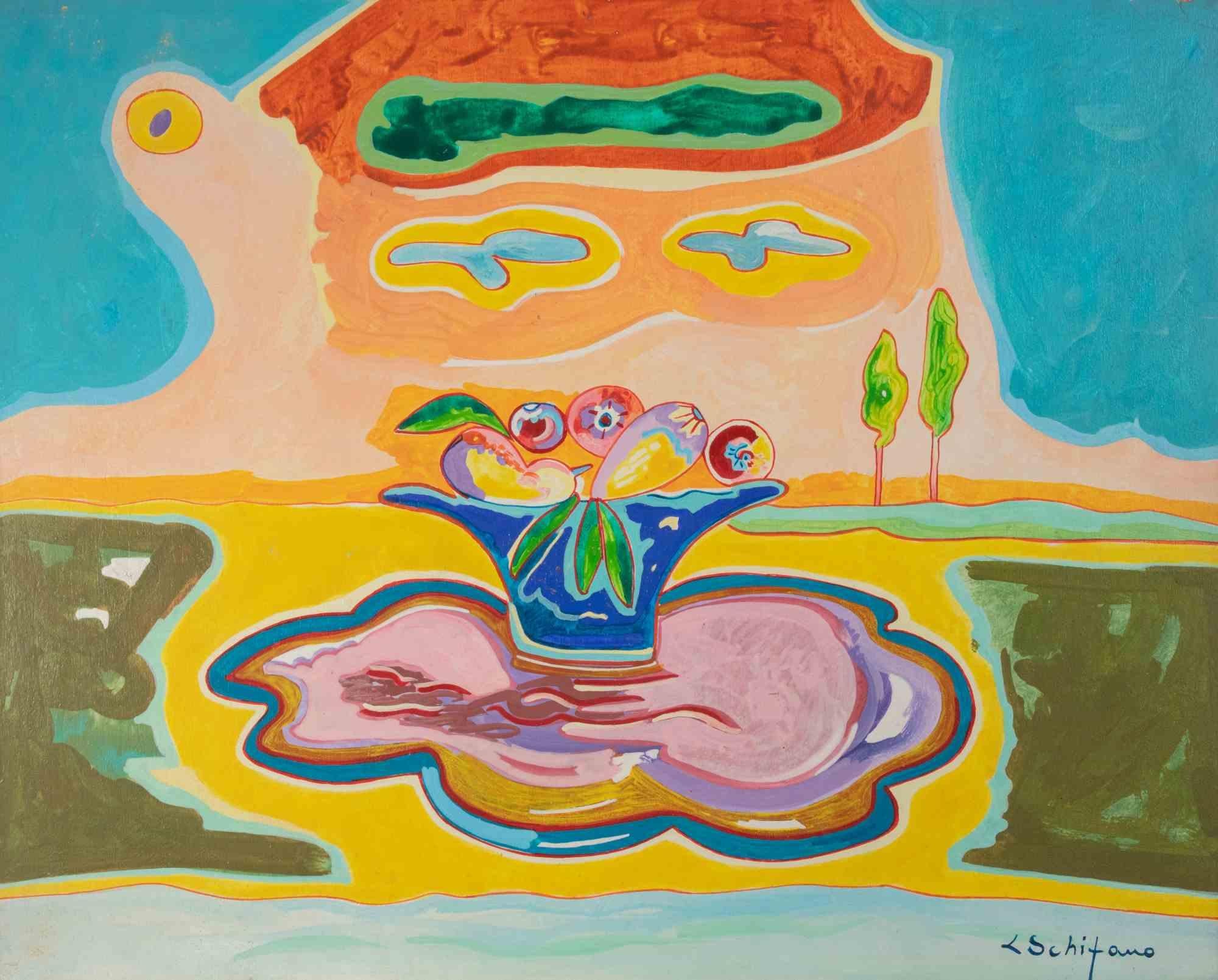 Stilleben mit Obstschale - Gemälde von Luciano Schifano - 1987