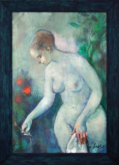 Peinture à l'huile encadrée, de style figuratif italien d'après-guerre, aux allures oniriques et très décorative