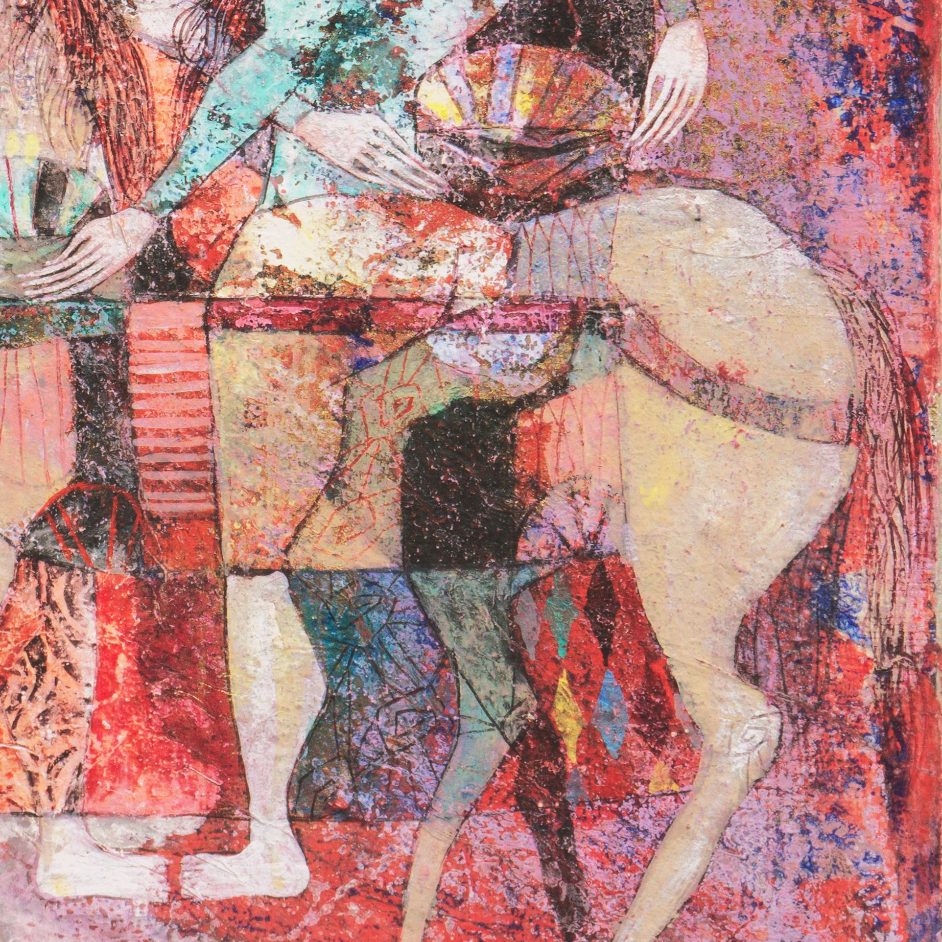 'Women Riding', Italian Modernism, Horses, Avant-Garde Equestrian oil, Morandi - Brown Animal Painting by Luciano Spazzali