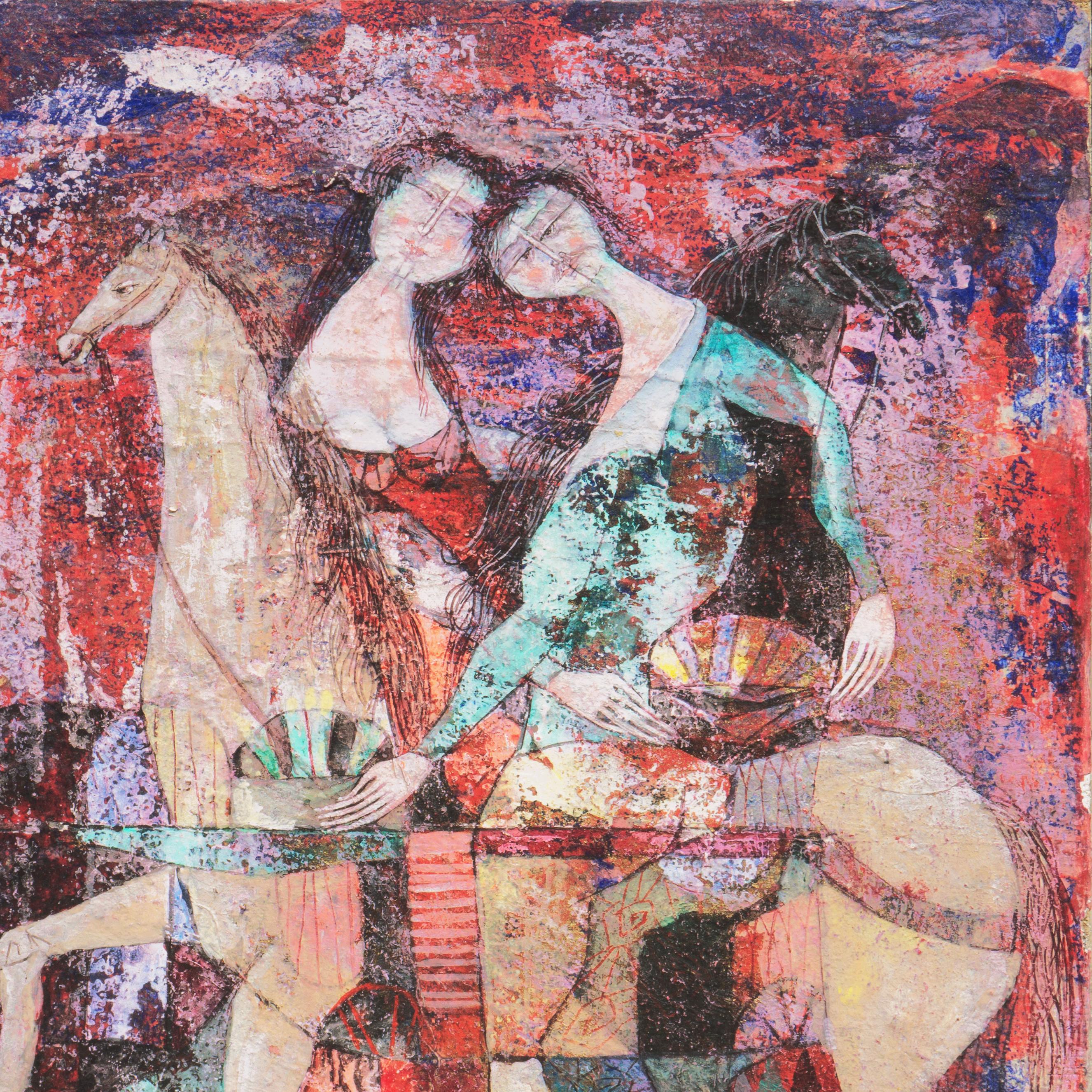 'Women Riding', Italian Modernism, Horses, Avant-Garde Equestrian oil, Morandi - Brown Animal Painting by Luciano Spazzali
