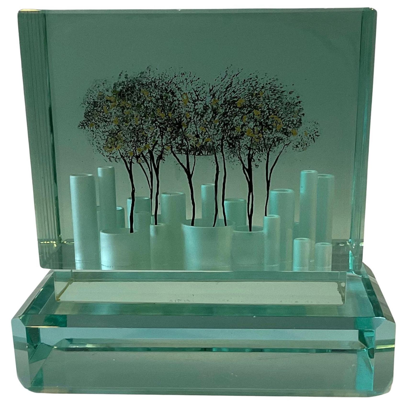 Amazing abstract Murano glass sculpture signed and dated by Luciano Vistosi. Vibrant green layered glass with abstract trees. Dated 1986.