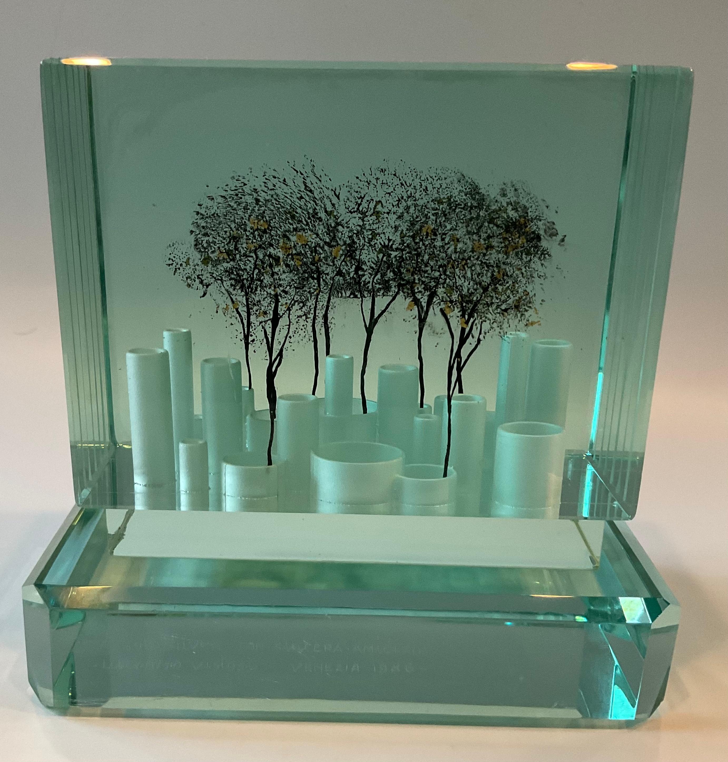 Italian Luciano Vistosi Murano Glass Artist Signed Abstract Sculpture with Trees, 1986
