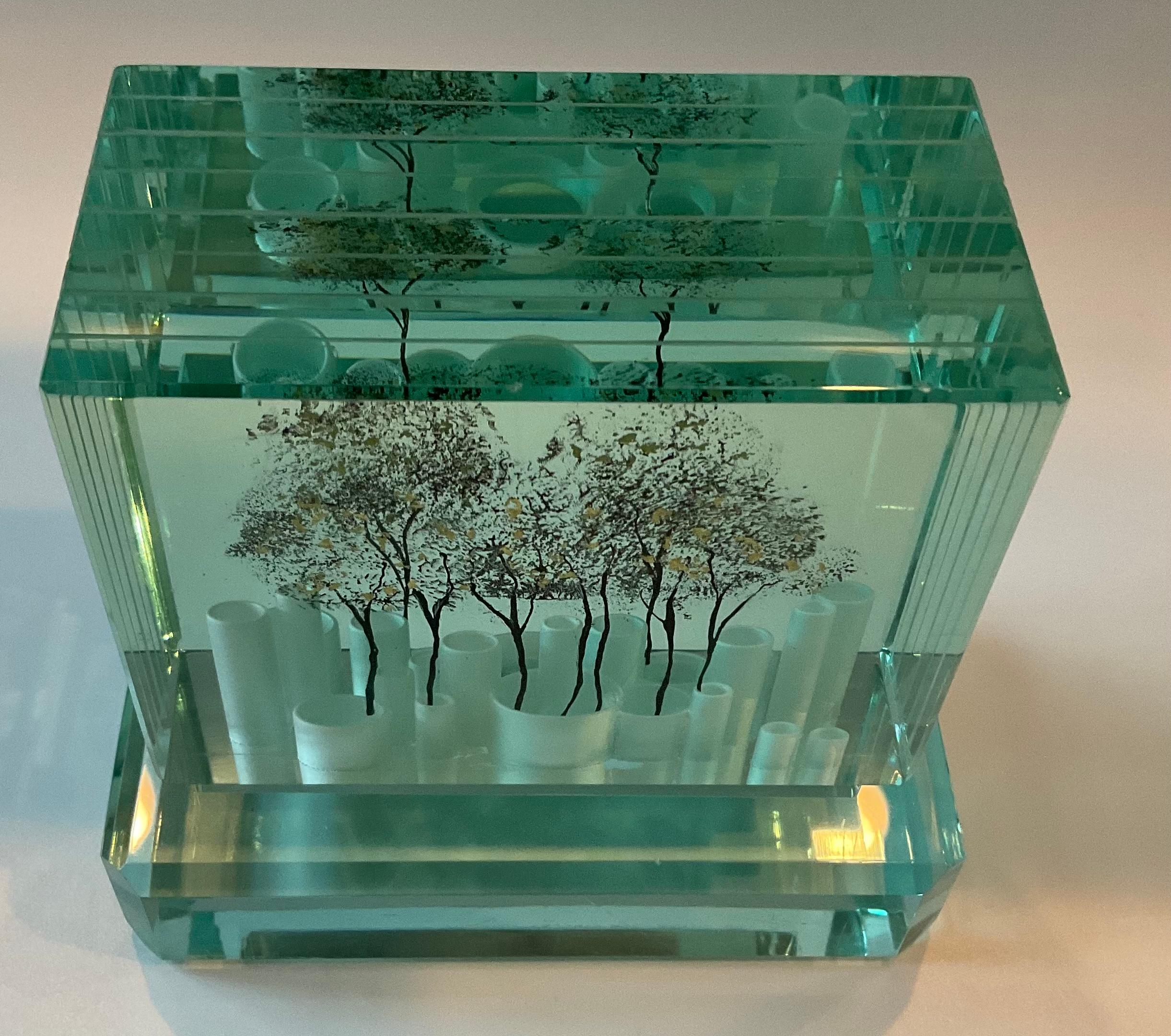 Luciano Vistosi Murano Glass Artist Signed Abstract Sculpture with Trees, 1986 In Good Condition In Ann Arbor, MI