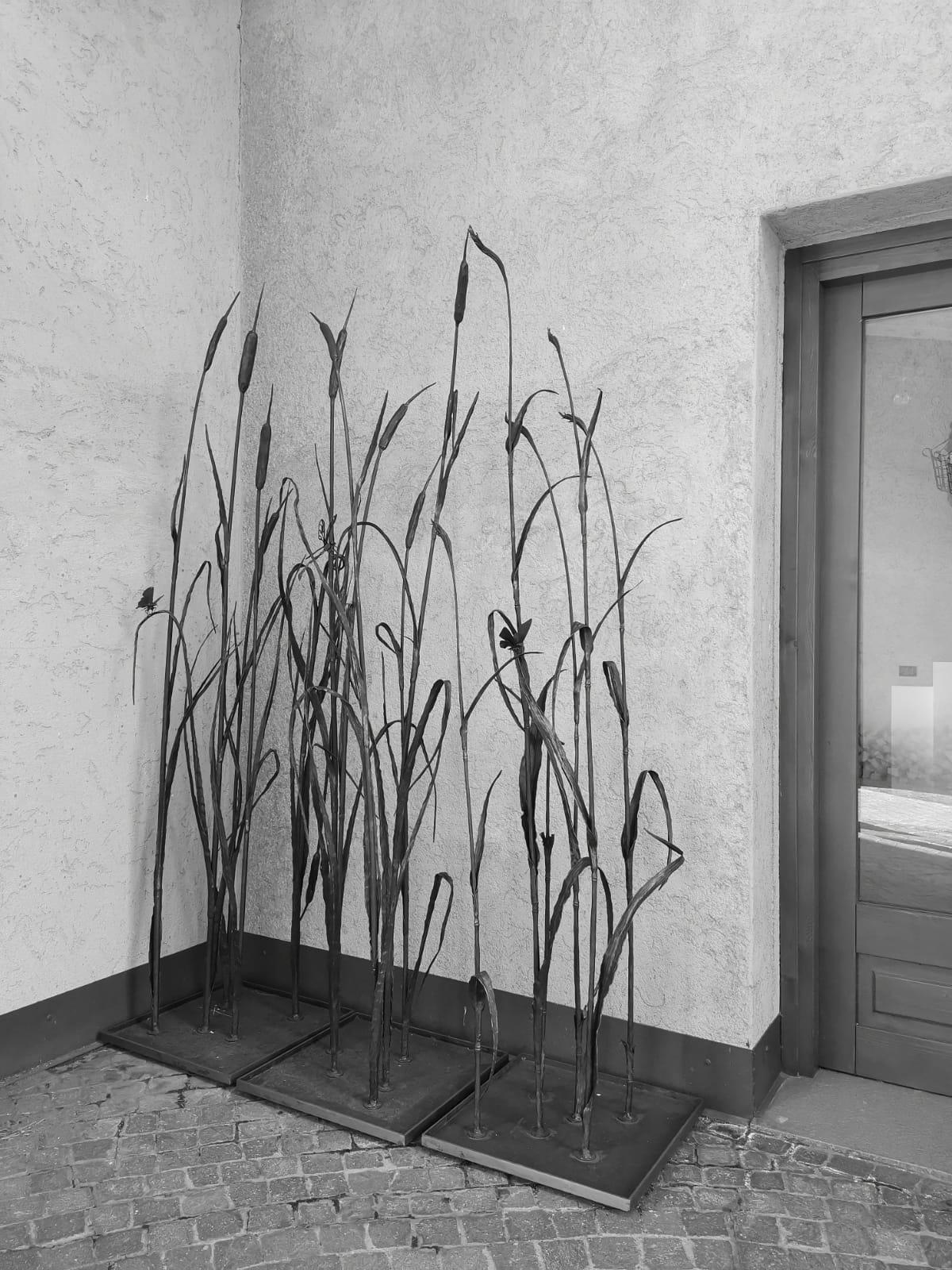 Escultura de hierro forjado para interior y exterior - cañizo de bambú negro en venta 6