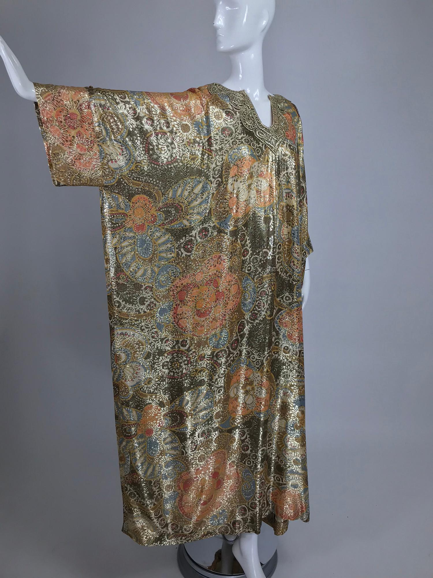 Brown Lucie Ann Metallic Gold Brocade Full Length Caftan 1970s 