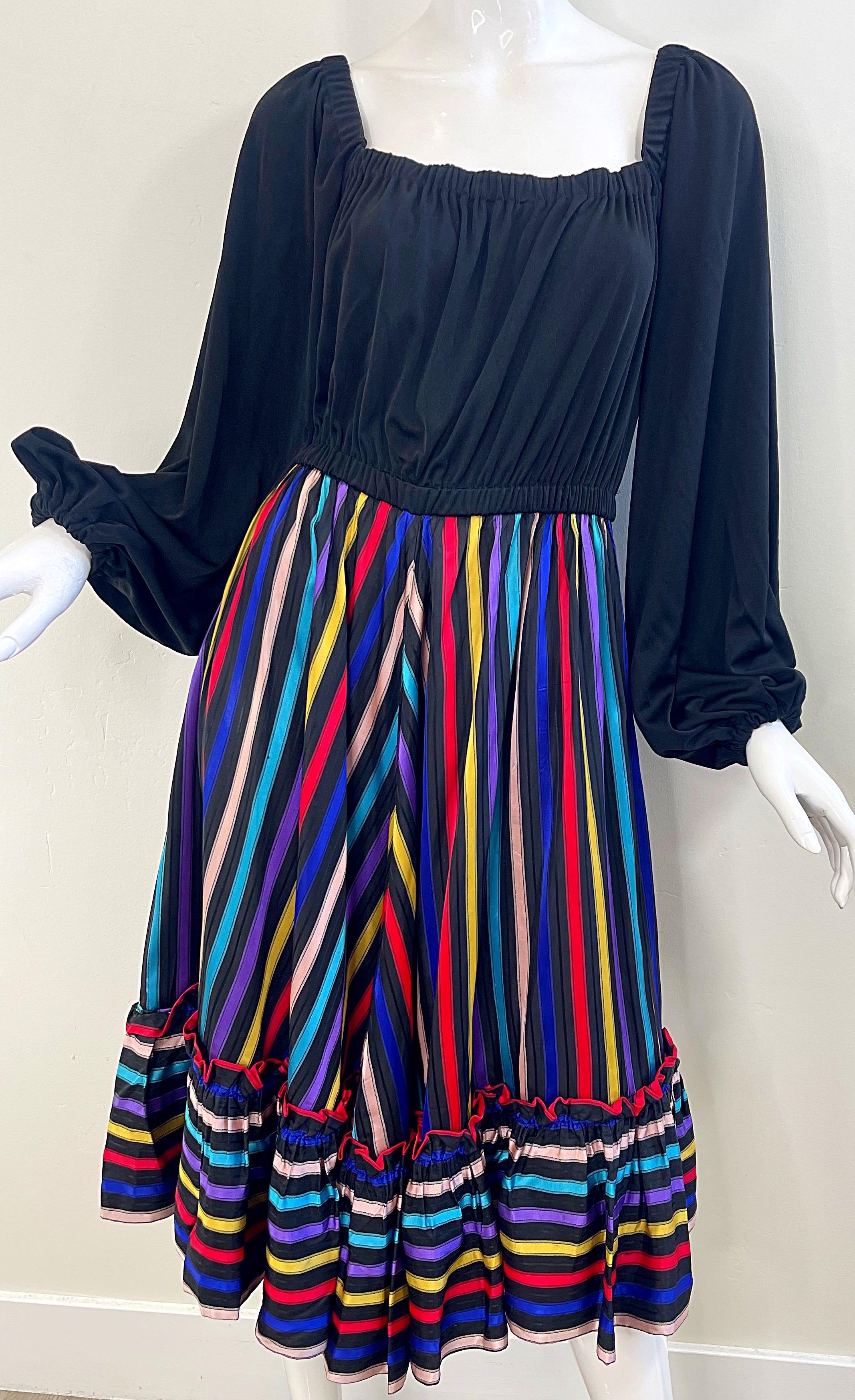 Lucie Ann of Beverly Hills 1970s Sz Medium Large Black Vintage 70s Peasant Dress For Sale 6