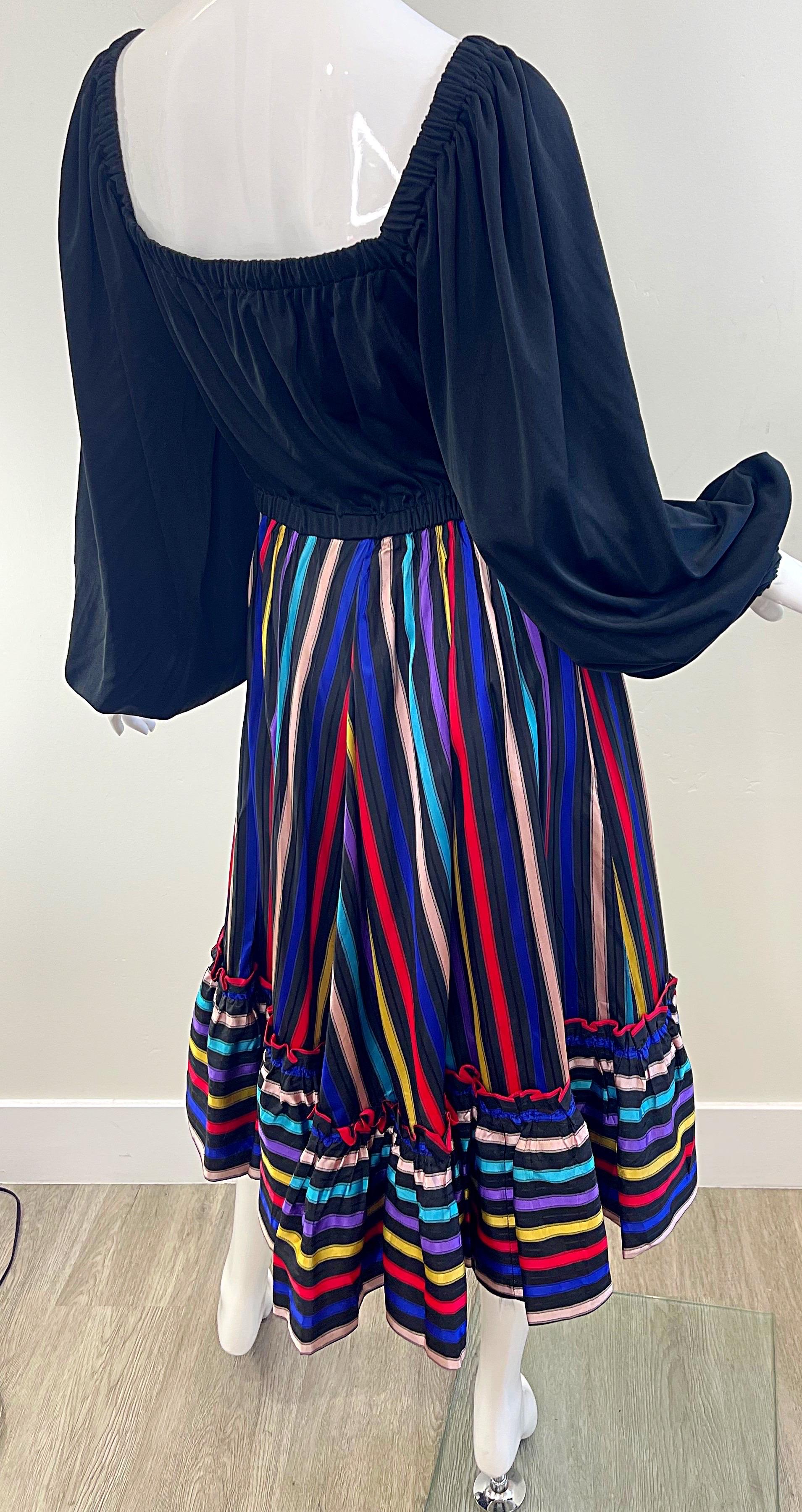 Lucie Ann of Beverly Hills 1970s Sz Medium Large Black Vintage 70s Peasant Dress For Sale 7