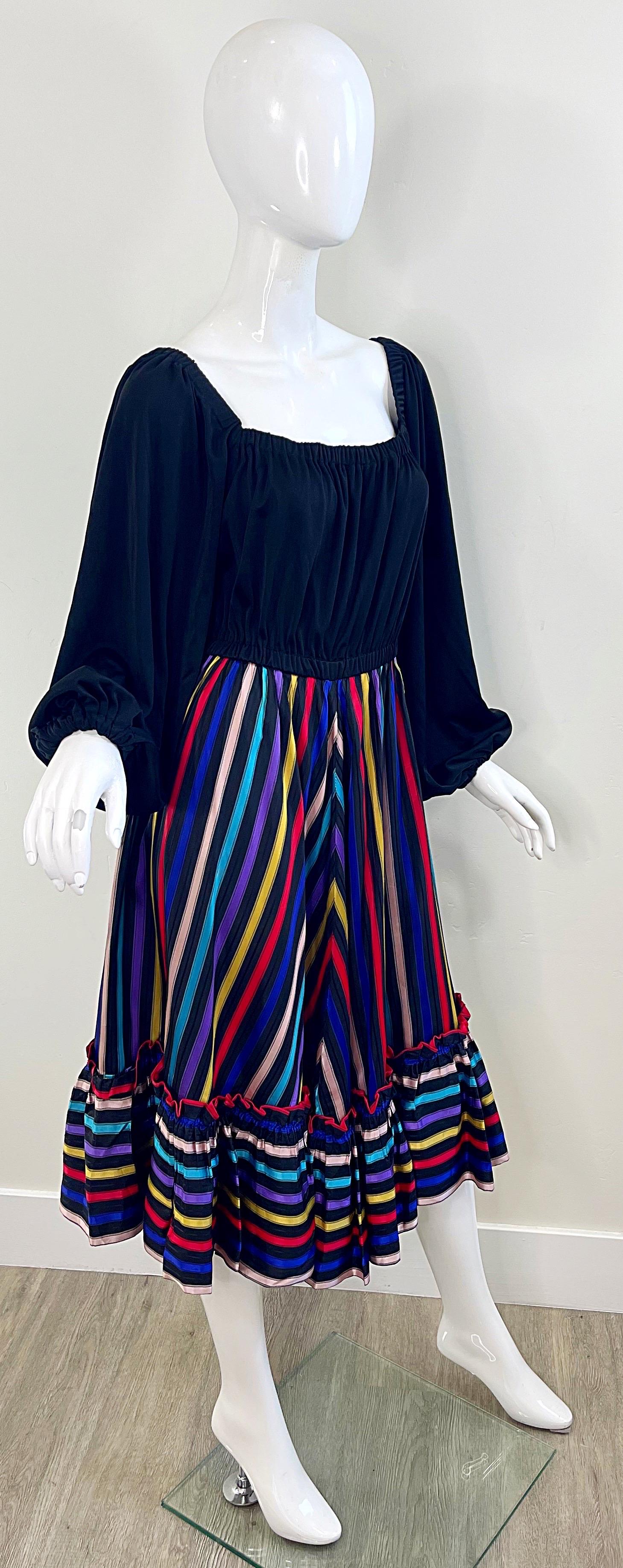 Lucie Ann of Beverly Hills 1970s Sz Medium Large Black Vintage 70s Peasant Dress For Sale 8