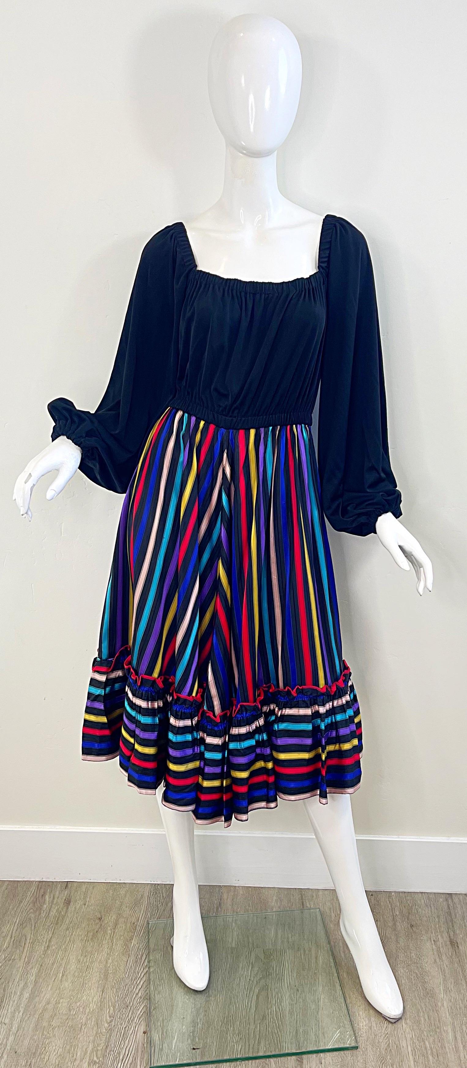 Lucie Ann of Beverly Hills 1970s Sz Medium Large Black Vintage 70s Peasant Dress For Sale 11