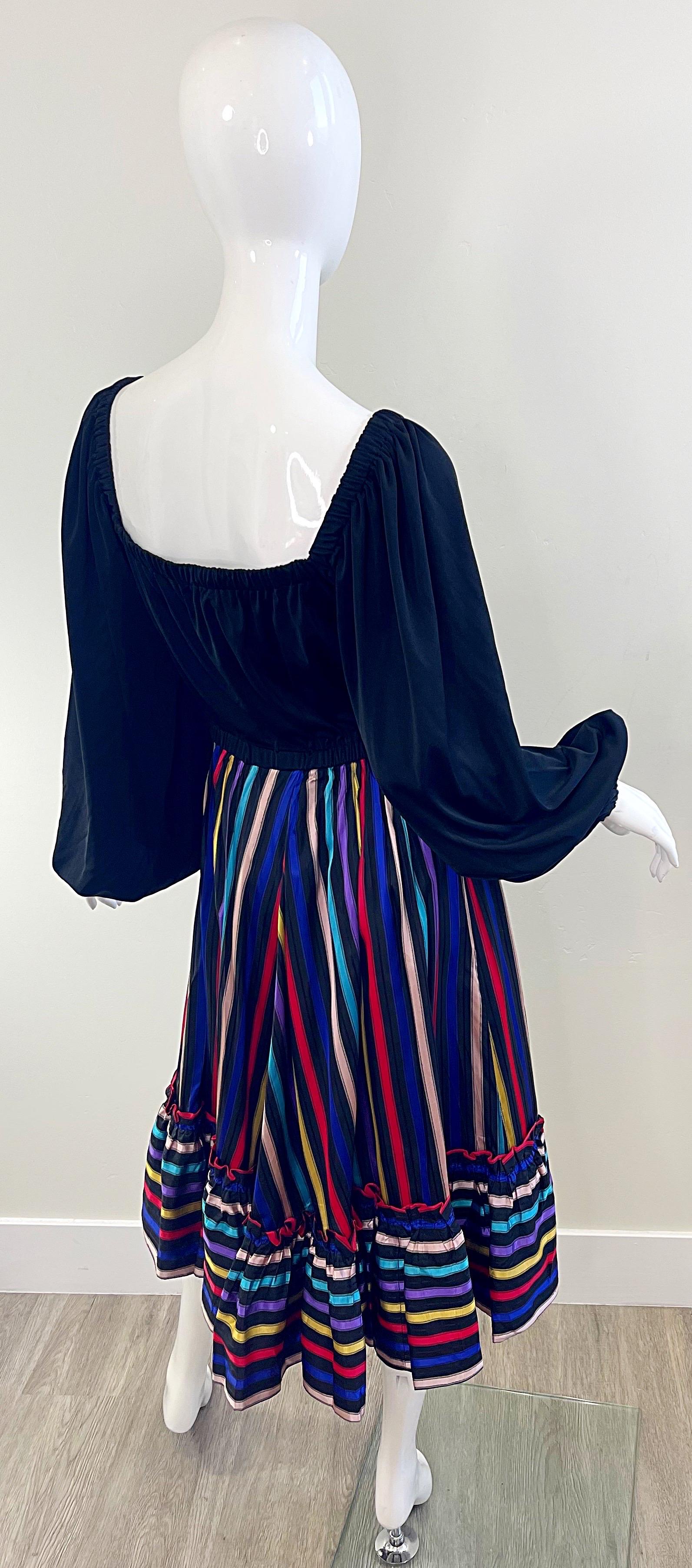 Lucie Ann of Beverly Hills 1970s Sz Medium Large Black Vintage 70s Peasant Dress For Sale 1