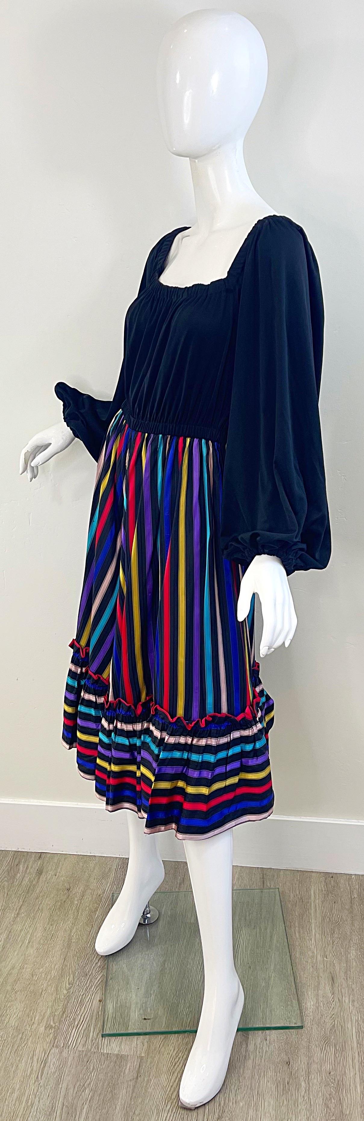 Lucie Ann of Beverly Hills 1970s Sz Medium Large Black Vintage 70s Peasant Dress For Sale 3
