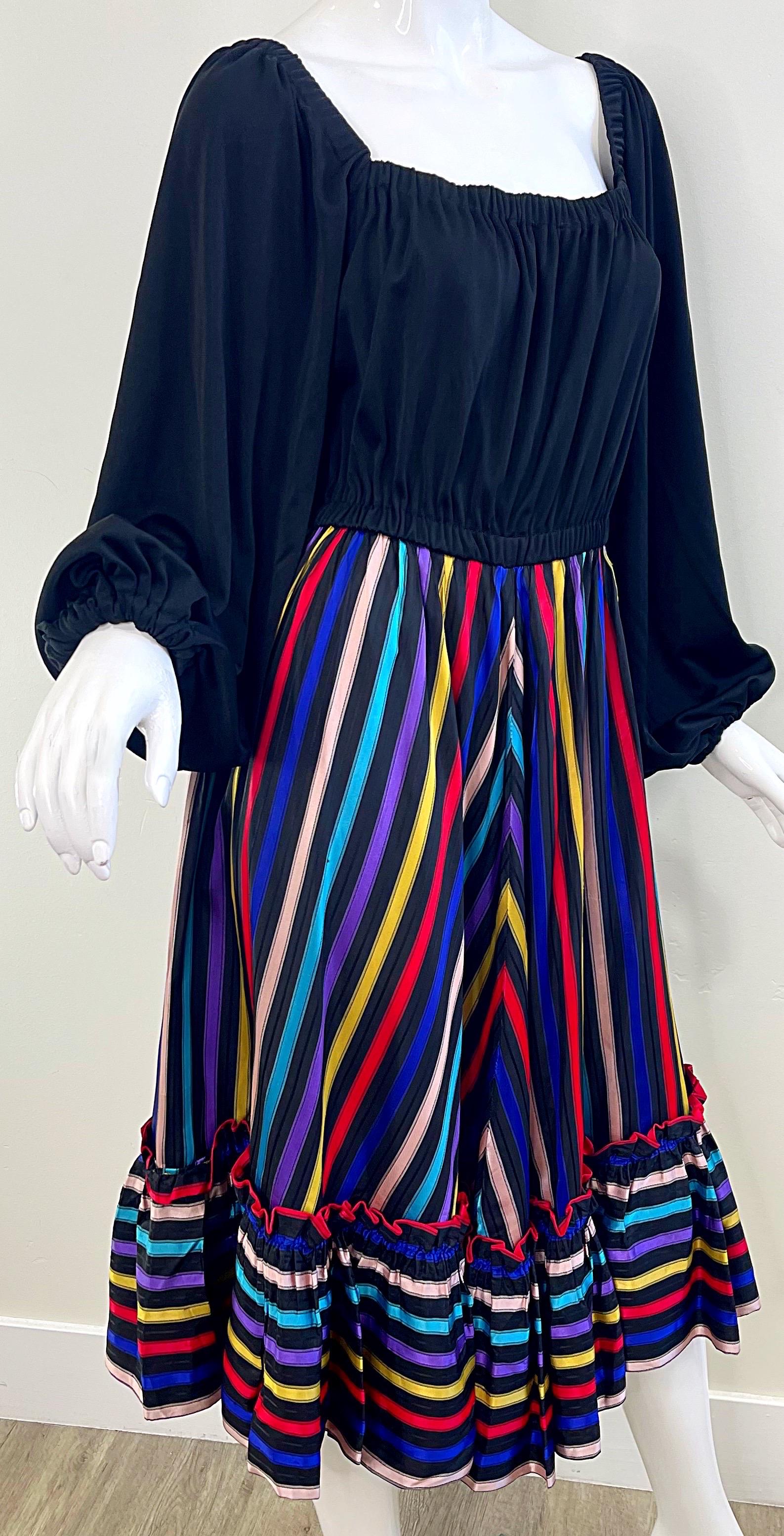 Lucie Ann of Beverly Hills 1970s Sz Medium Large Black Vintage 70s Peasant Dress For Sale 5