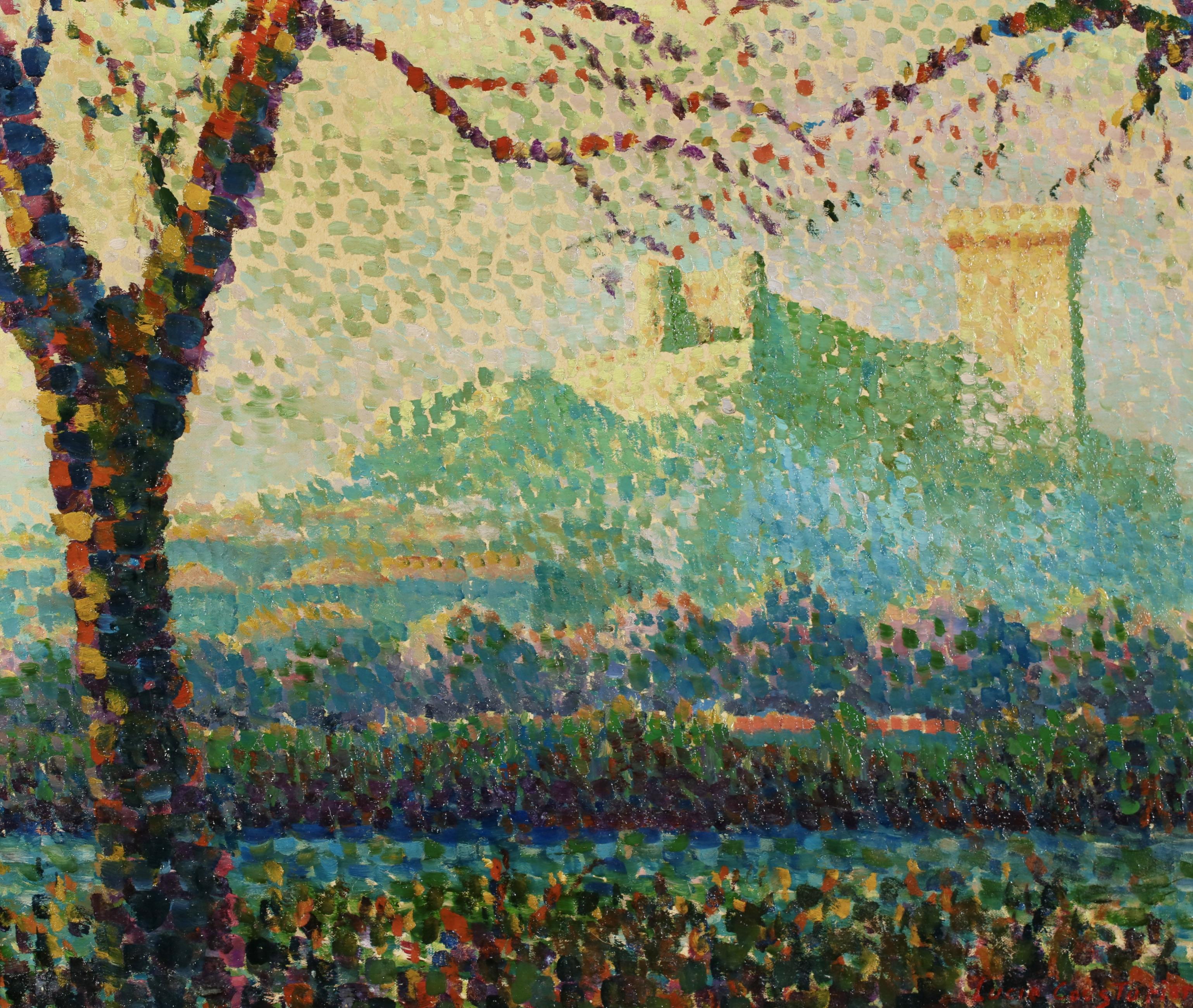 Vue de Provence - Paesaggio puntinista a olio di Lucie Cousturier