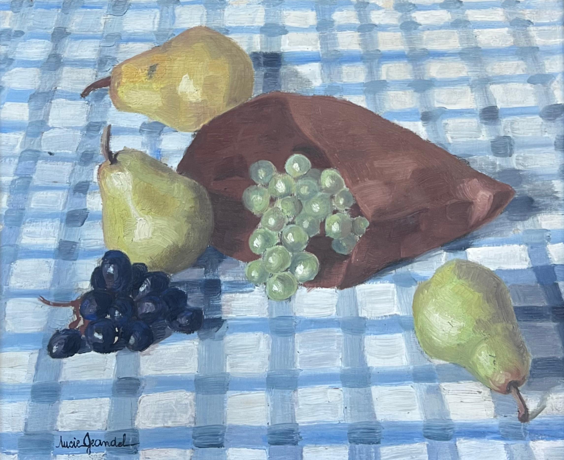 Mitte des 20. Jahrhunderts Französisch Modernist signiert Ölgemälde Stillleben Birnen & Trauben – Painting von Lucie Jeandel
