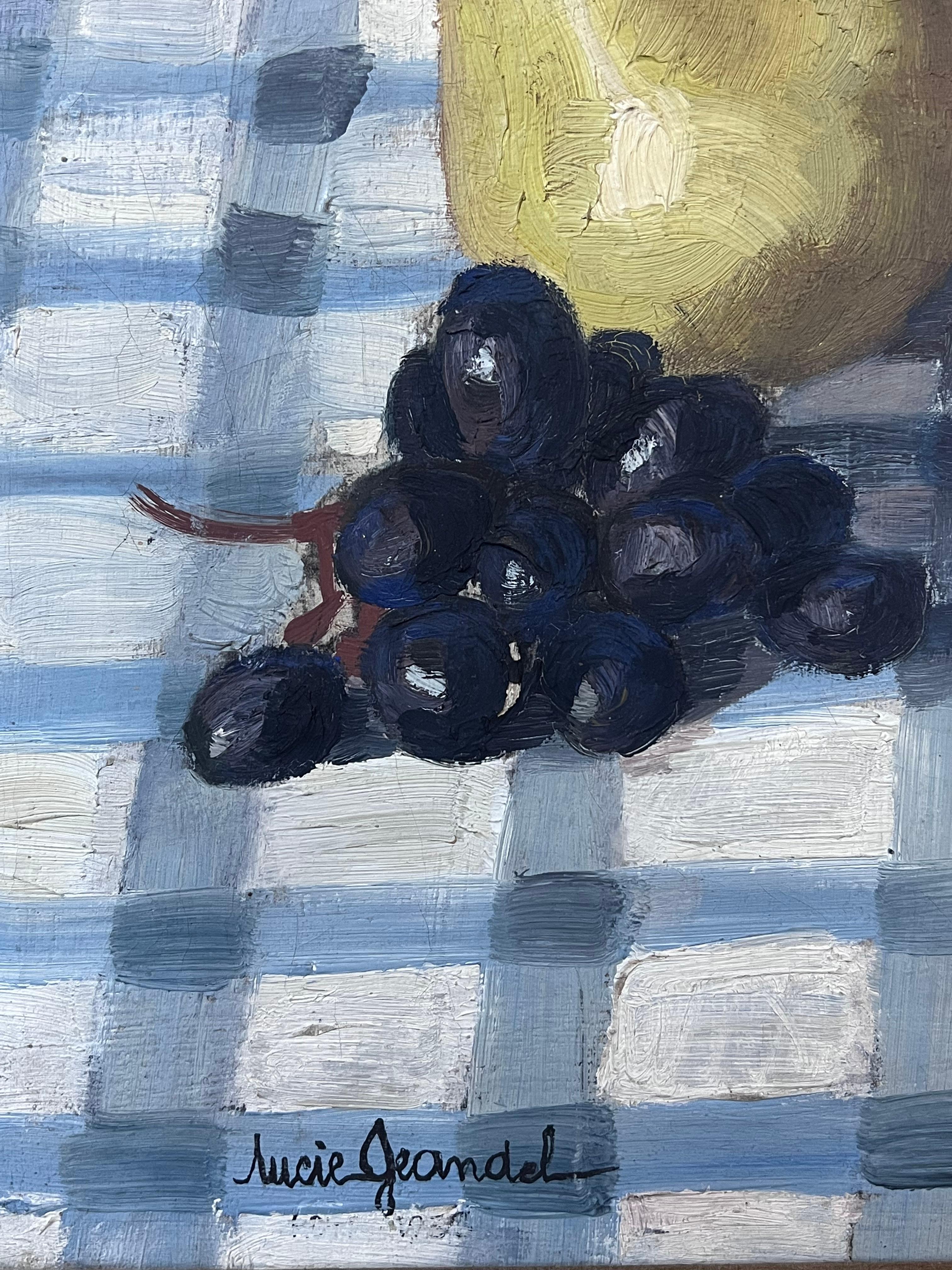 Mitte des 20. Jahrhunderts Französisch Modernist signiert Ölgemälde Stillleben Birnen & Trauben (Post-Impressionismus), Painting, von Lucie Jeandel