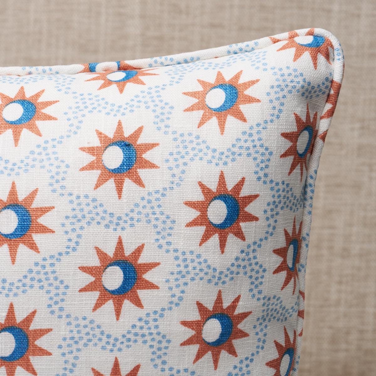 This pillow features Lucie with a self welt finish. The lively starbursts and crescent moons of Lucie fabric add celestial charm to any scheme. Pillow includes a feather/down fill insert and hidden zipper closure.