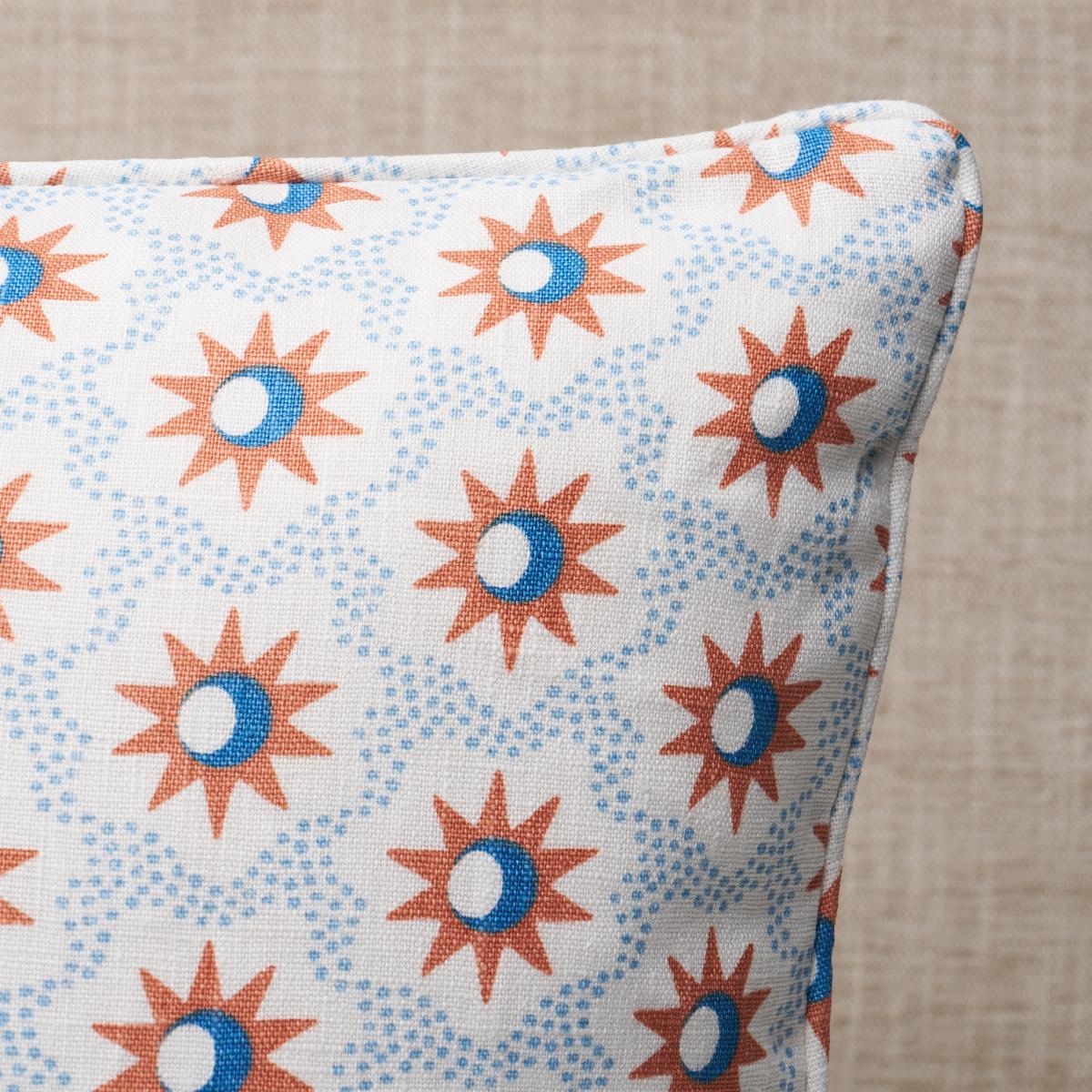 This pillow features Lucie with a self welt finish. The lively starbursts and crescent moons of Lucie fabric add celestial charm to any scheme. Pillow includes a feather/down fill insert and hidden zipper closure.
