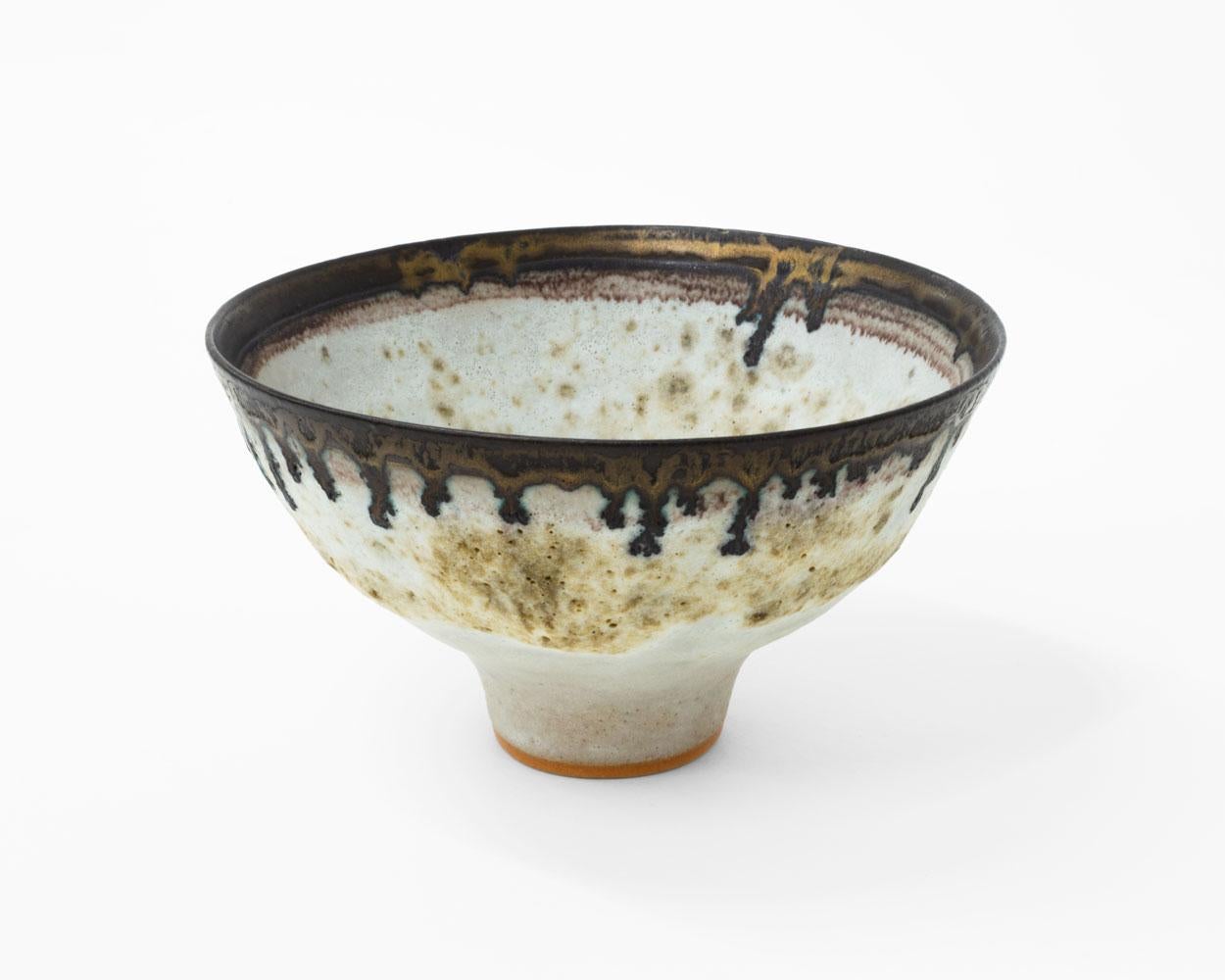 Bowl with Off-White and Pitted Glaze with Bronzed Rim