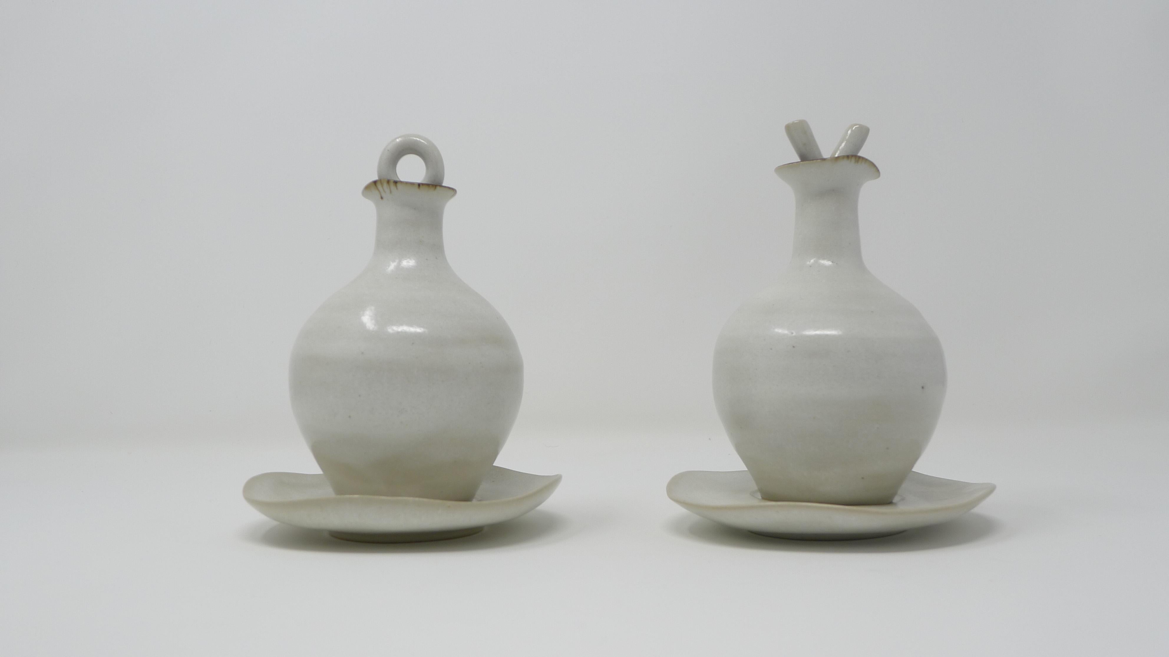 Mid-Century Modern Lucie Rie, Oil and Vinegar Set in White Glaze, Fully Signed, Early 1950s