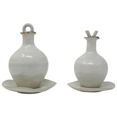 Lucie Rie, Oil and Vinegar Set in White Glaze, Fully Signed, Early 1950s