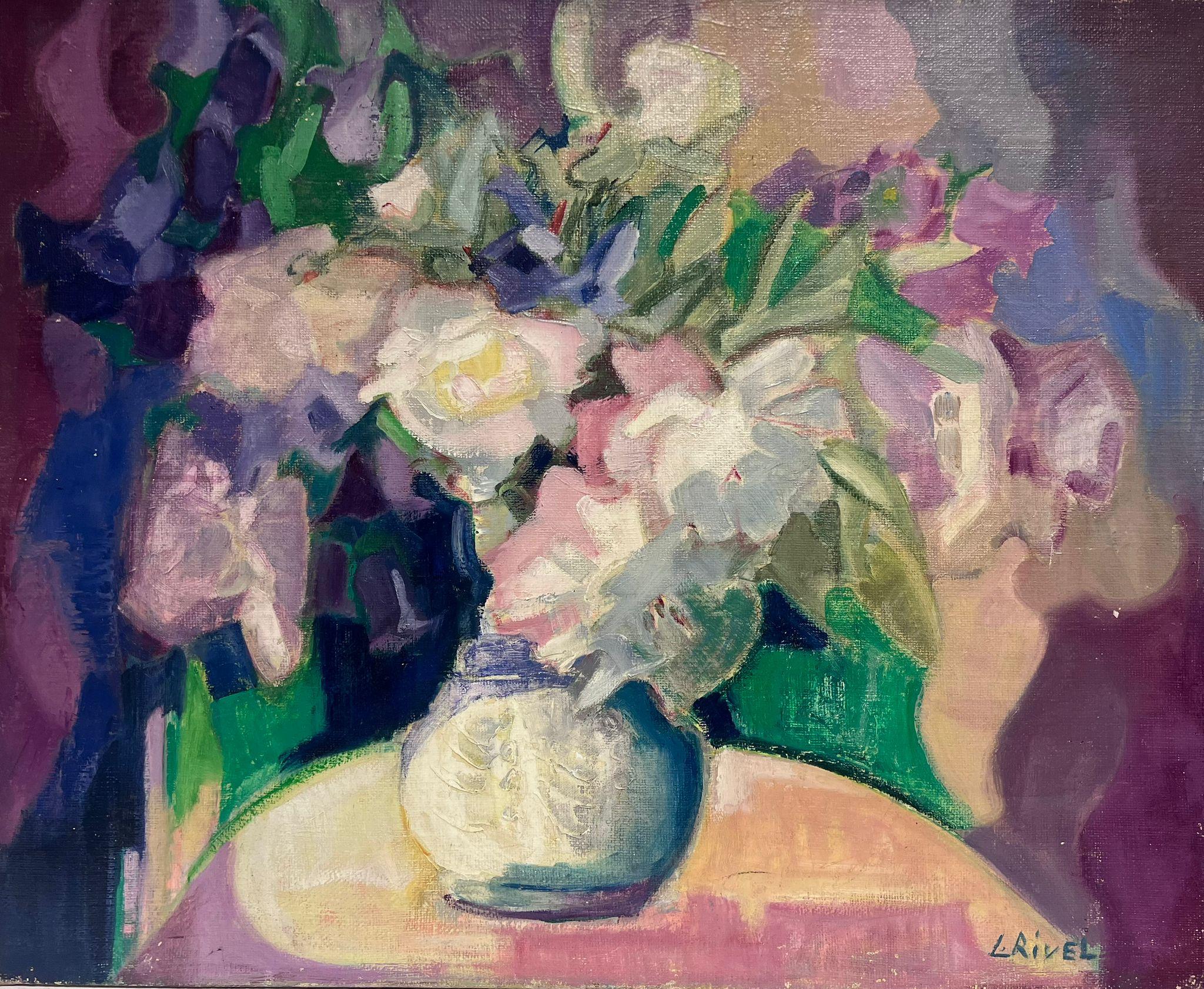 Large 1950's French Modernist Signed Oil Pink White Lilac Flowers in Vase - Painting by Lucie Rivel
