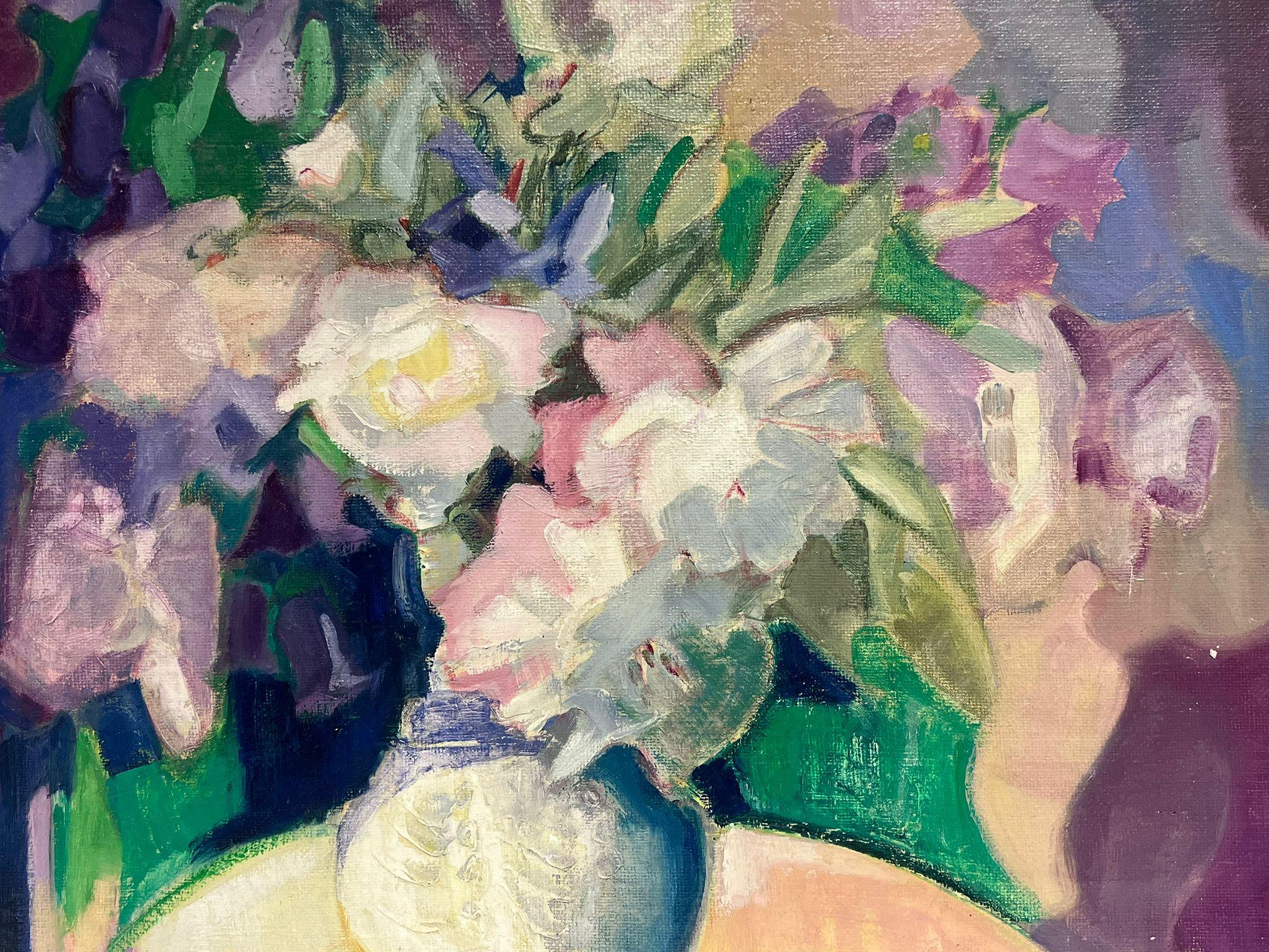 Große 1950's Französisch Modernist signiert Öl Rosa Weiß Flieder Blumen in Vase (Moderne), Painting, von Lucie Rivel