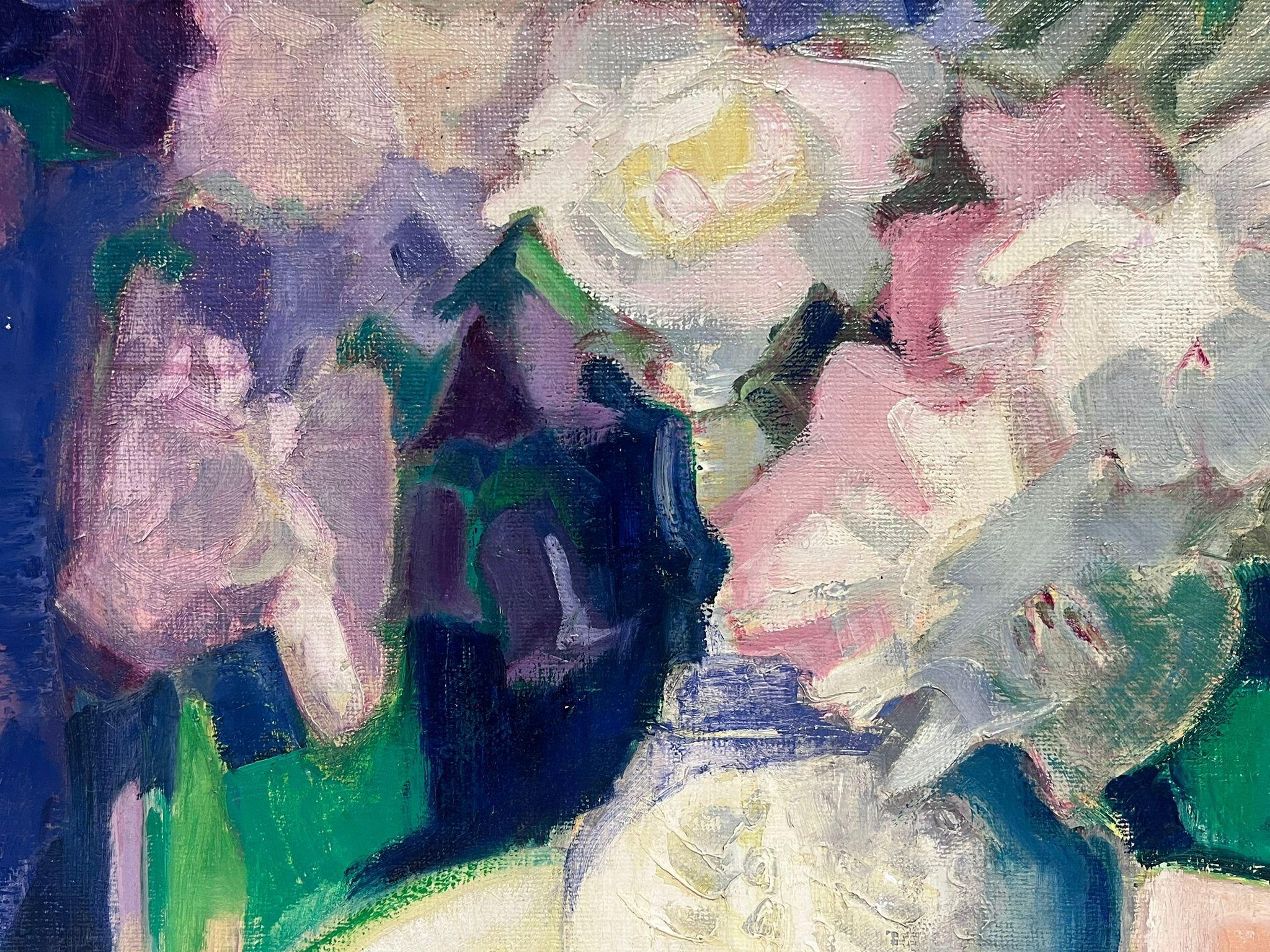 Große 1950's Französisch Modernist signiert Öl Rosa Weiß Flieder Blumen in Vase im Angebot 1