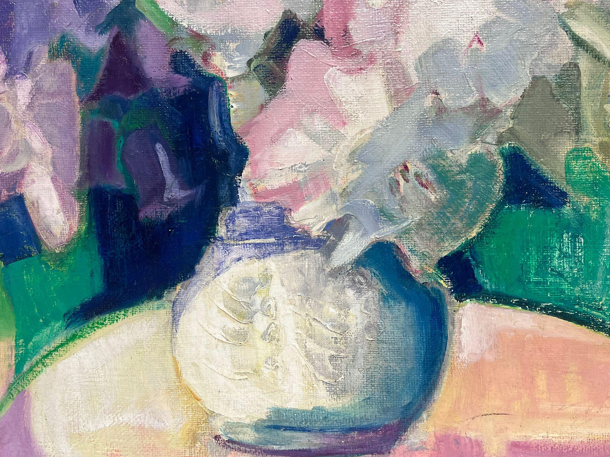 Große 1950's Französisch Modernist signiert Öl Rosa Weiß Flieder Blumen in Vase im Angebot 2