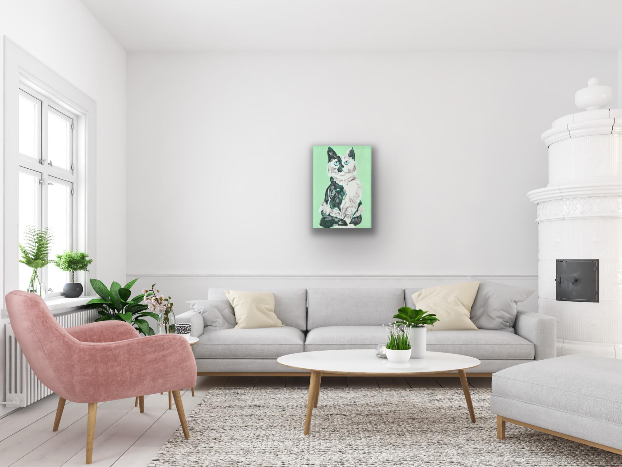 A vibrant portrayal of a tortoiseshell cat, this artwork is defined by a blend of rich green hues and dynamic acrylic brushstrokes. With its striking blue eyes, the cat gazes upwards, exuding a sense of curiosity and wonder. The fur combines shades
