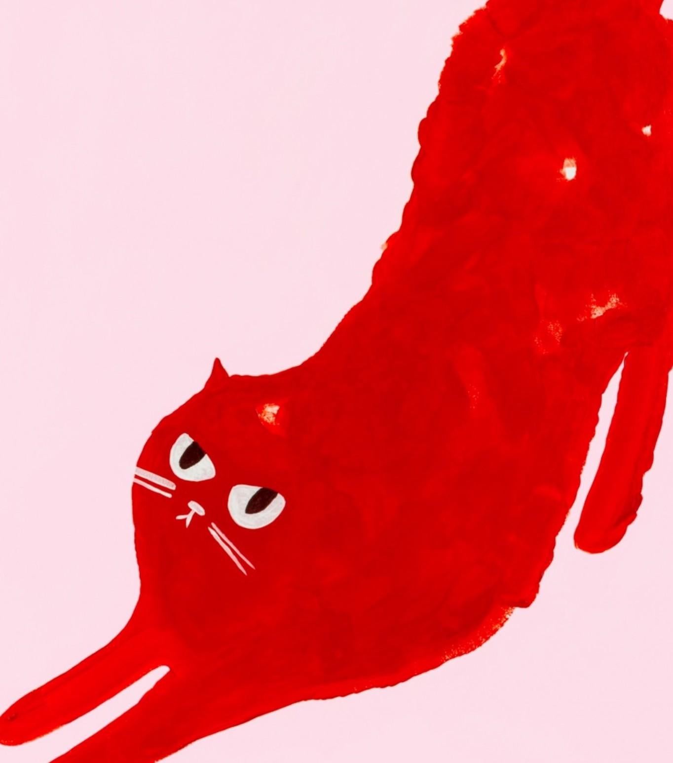 Un divertente dipinto di un gatto infelice realizzato dall'artista Lucie Sheridan. Il suo lavoro è radicato nella produzione di stampe, come dimostra questa serie di dipinti di animali grafici, illustrativi e audaci. Utilizza palette di colori