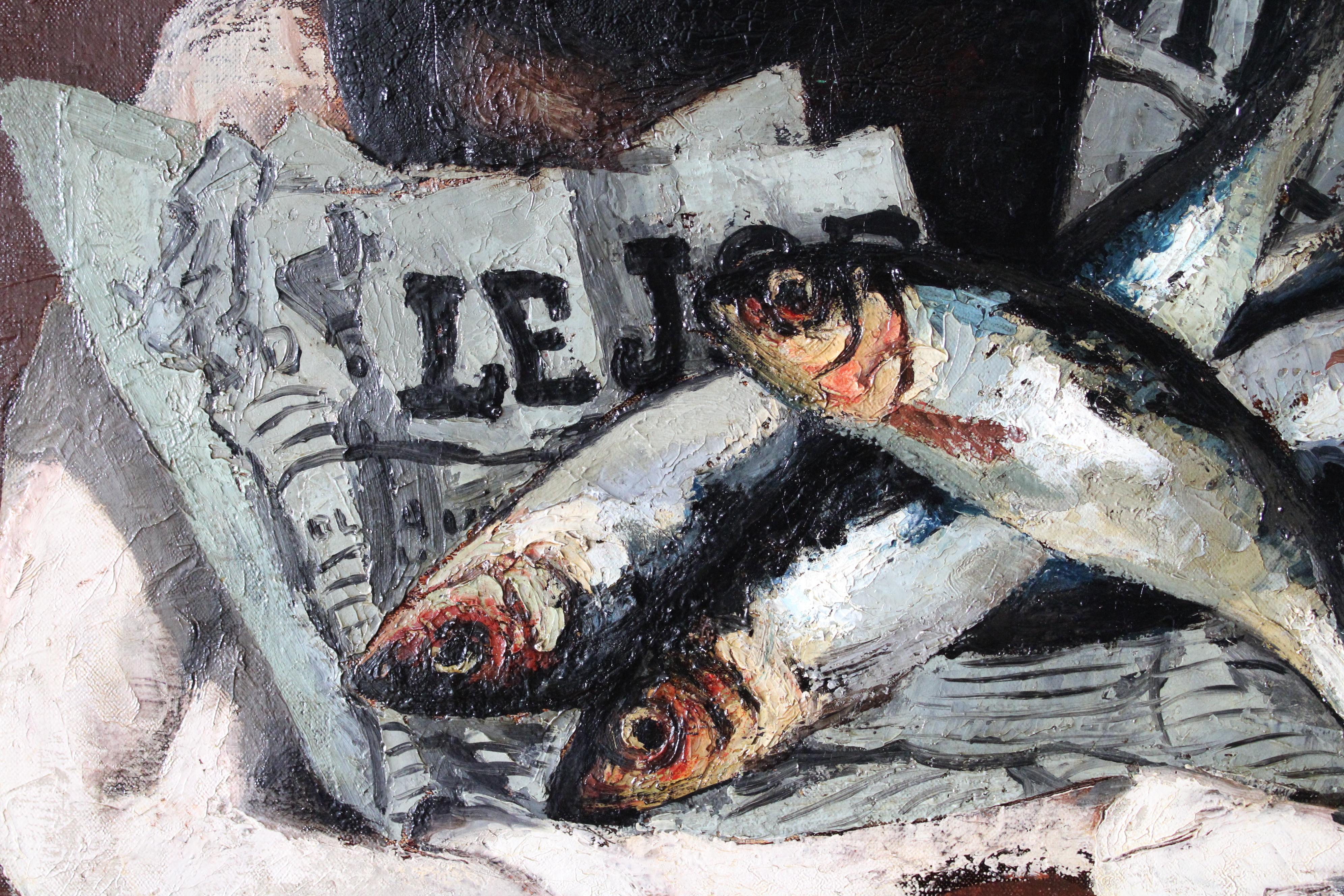 Fish Oil Painting, Vintage still life fish & newspaper, sardines oil painting 7