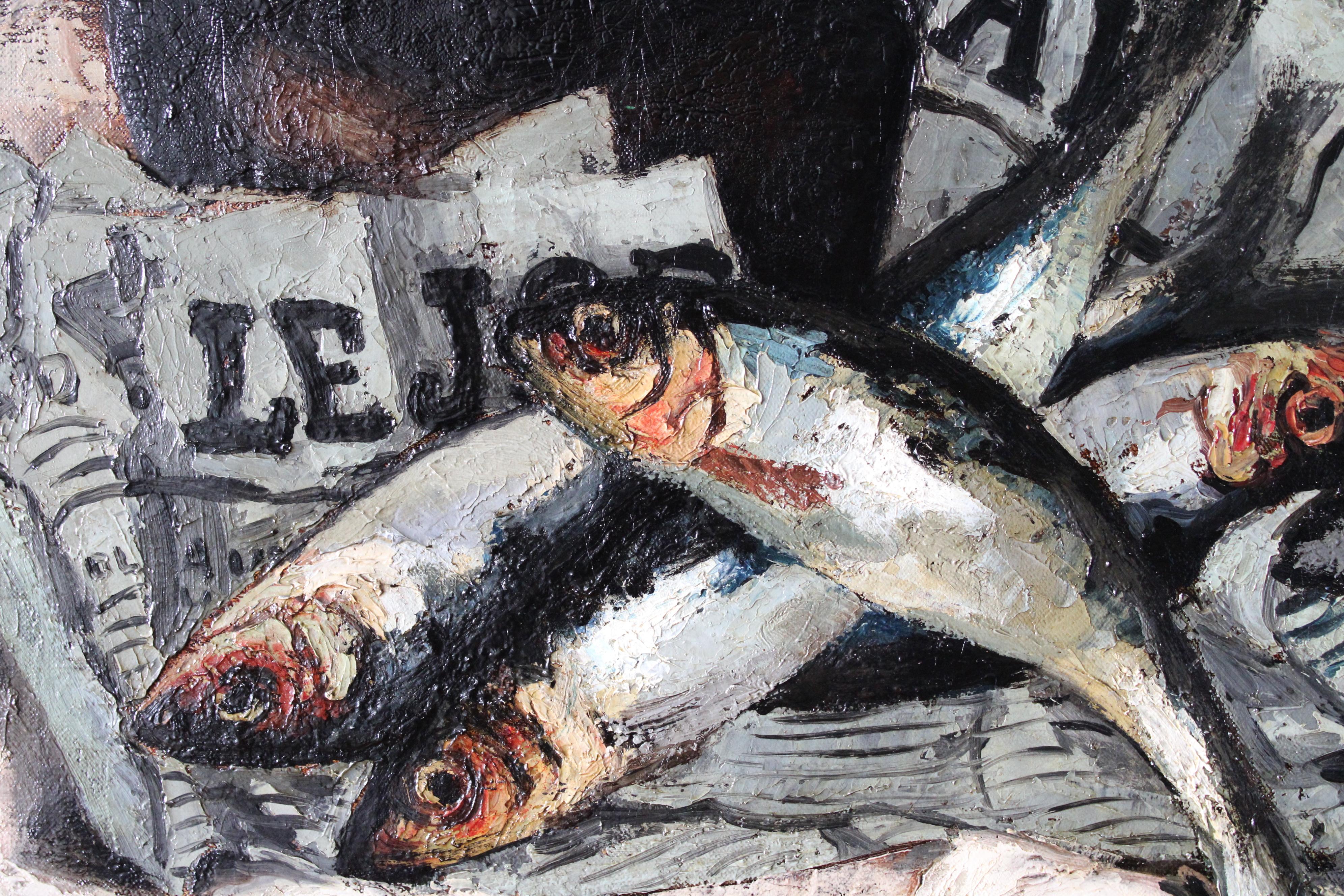Fish Oil Painting, Vintage still life fish & newspaper, sardines oil painting 7
