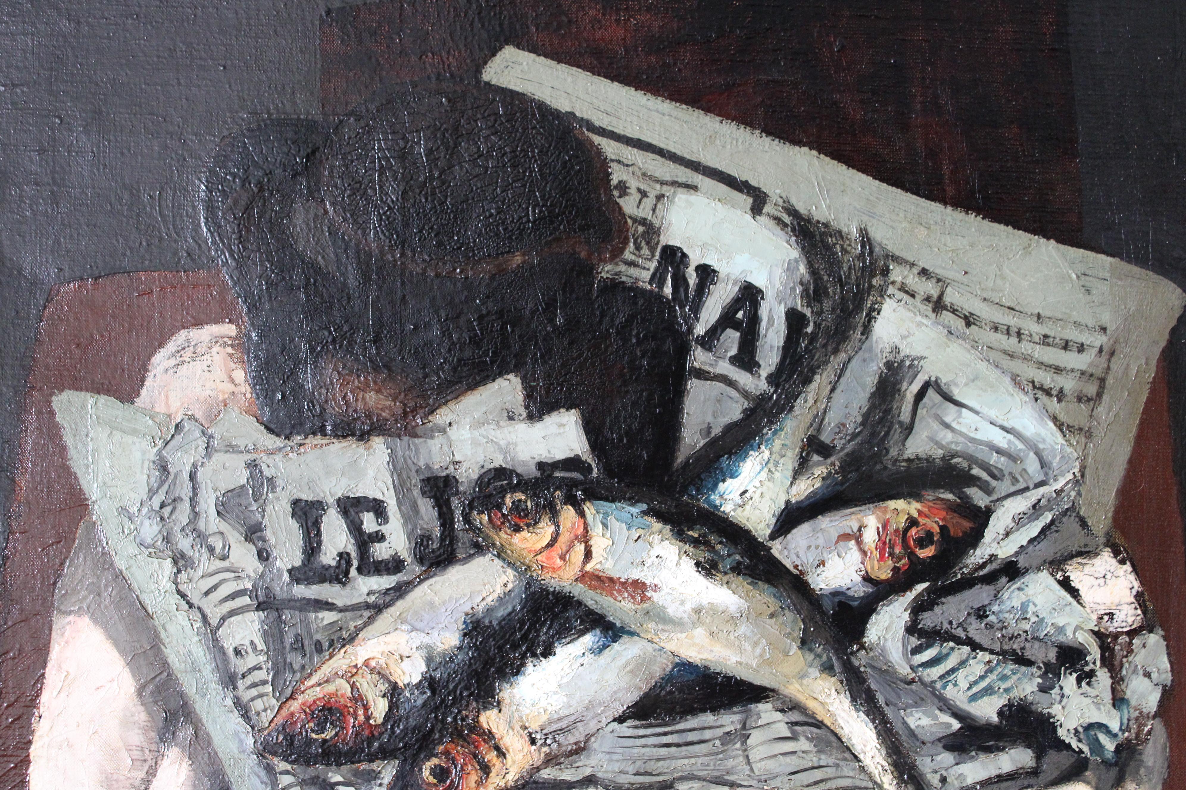 Fish Oil Painting, Vintage still life fish & newspaper, sardines oil painting 9