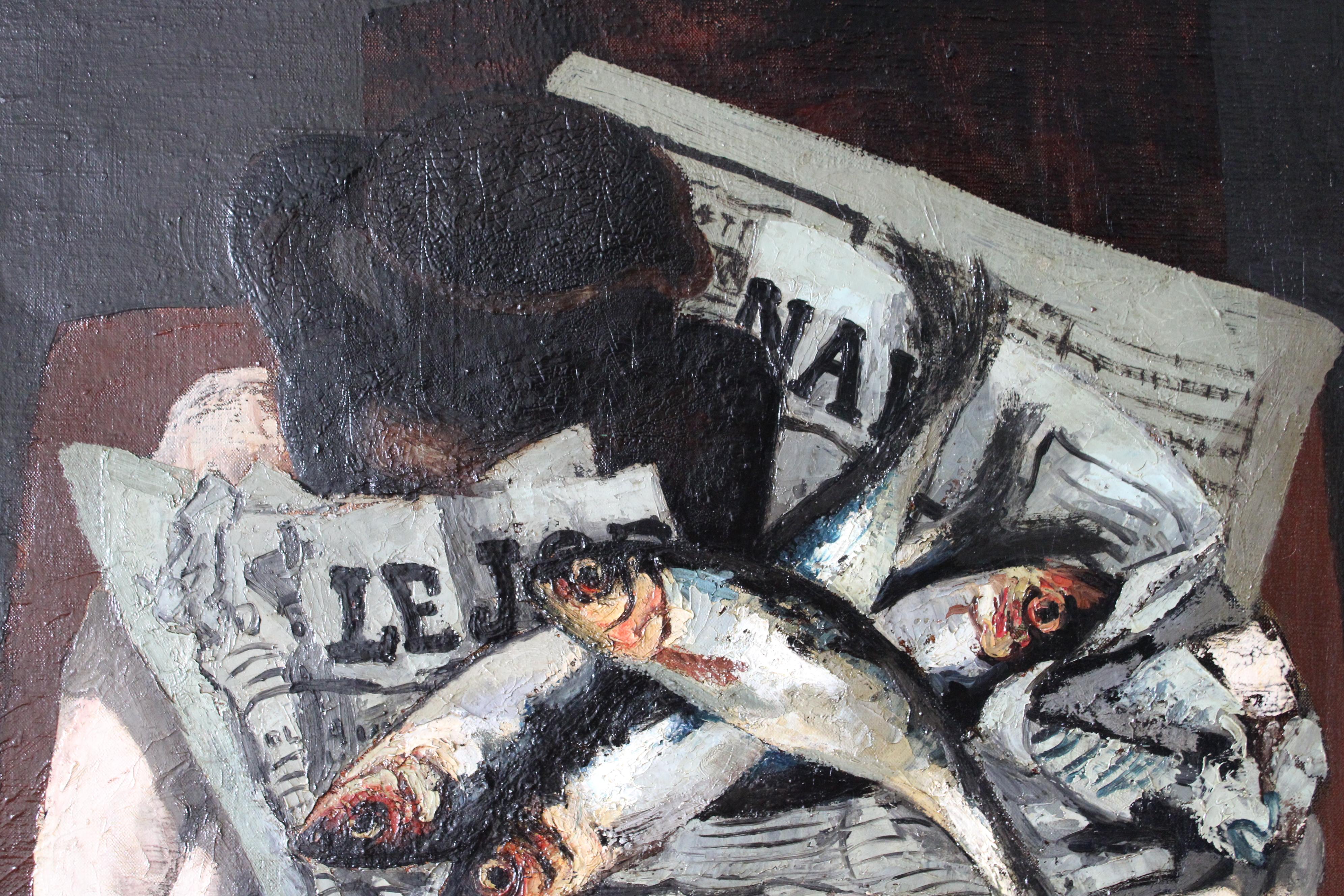 Pintura al óleo de pescado, bodegón vintage de pescado y periódico, pintura al óleo de sardinas 7