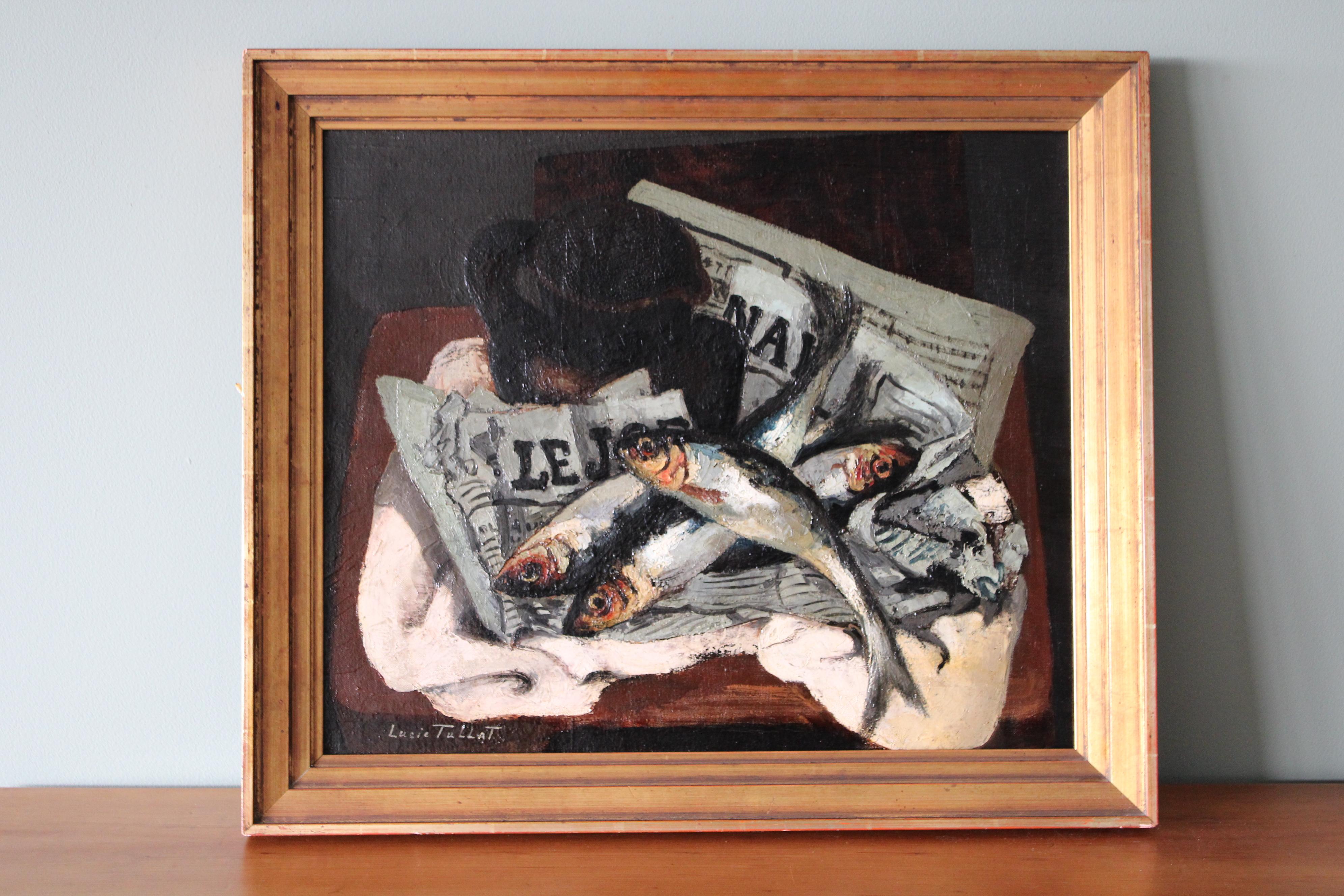 Fish Oil Painting, Vintage still life fish & newspaper, sardines oil painting - Brown Animal Painting by Lucie Tullat