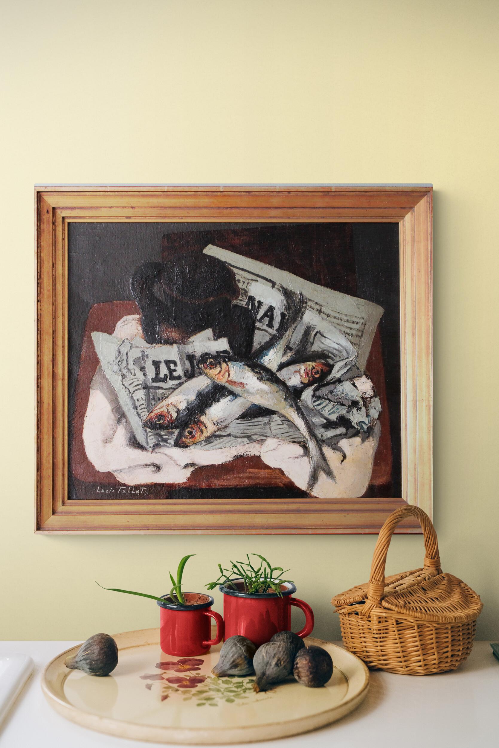 Fish Oil Painting, Vintage still life fish & newspaper, sardines oil painting 2