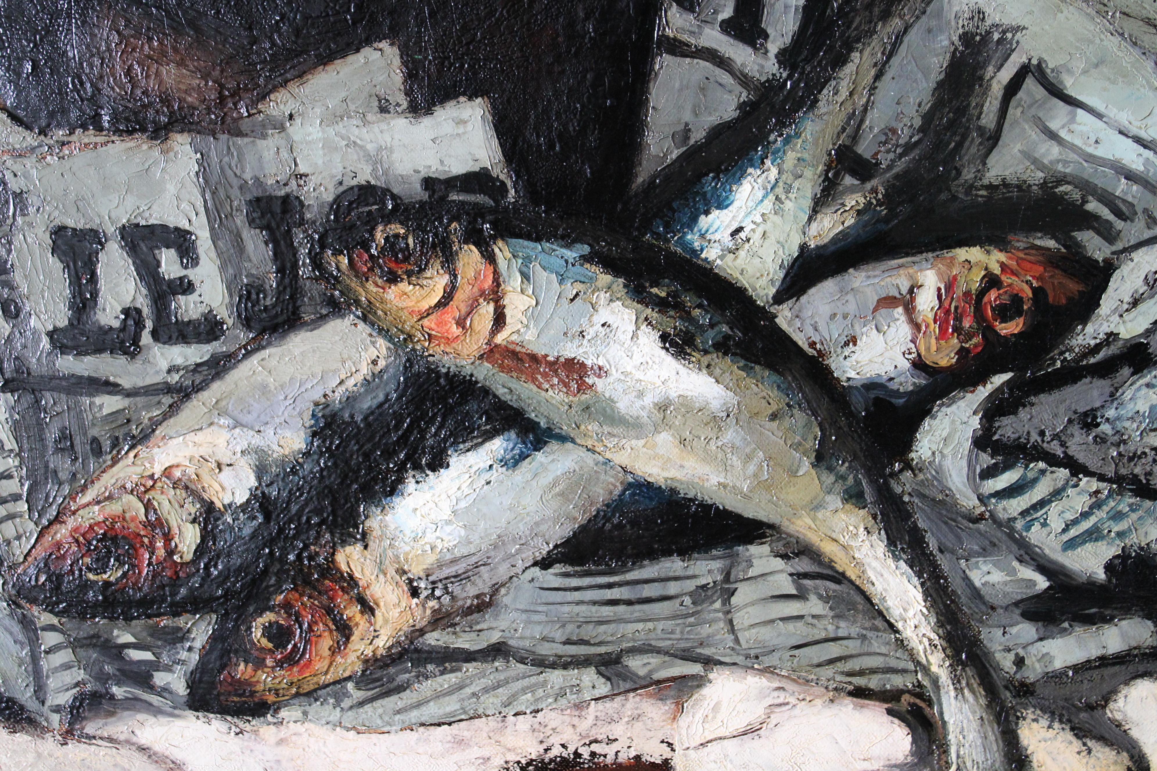 Fish Oil Painting, Vintage still life fish & newspaper, sardines oil painting 3