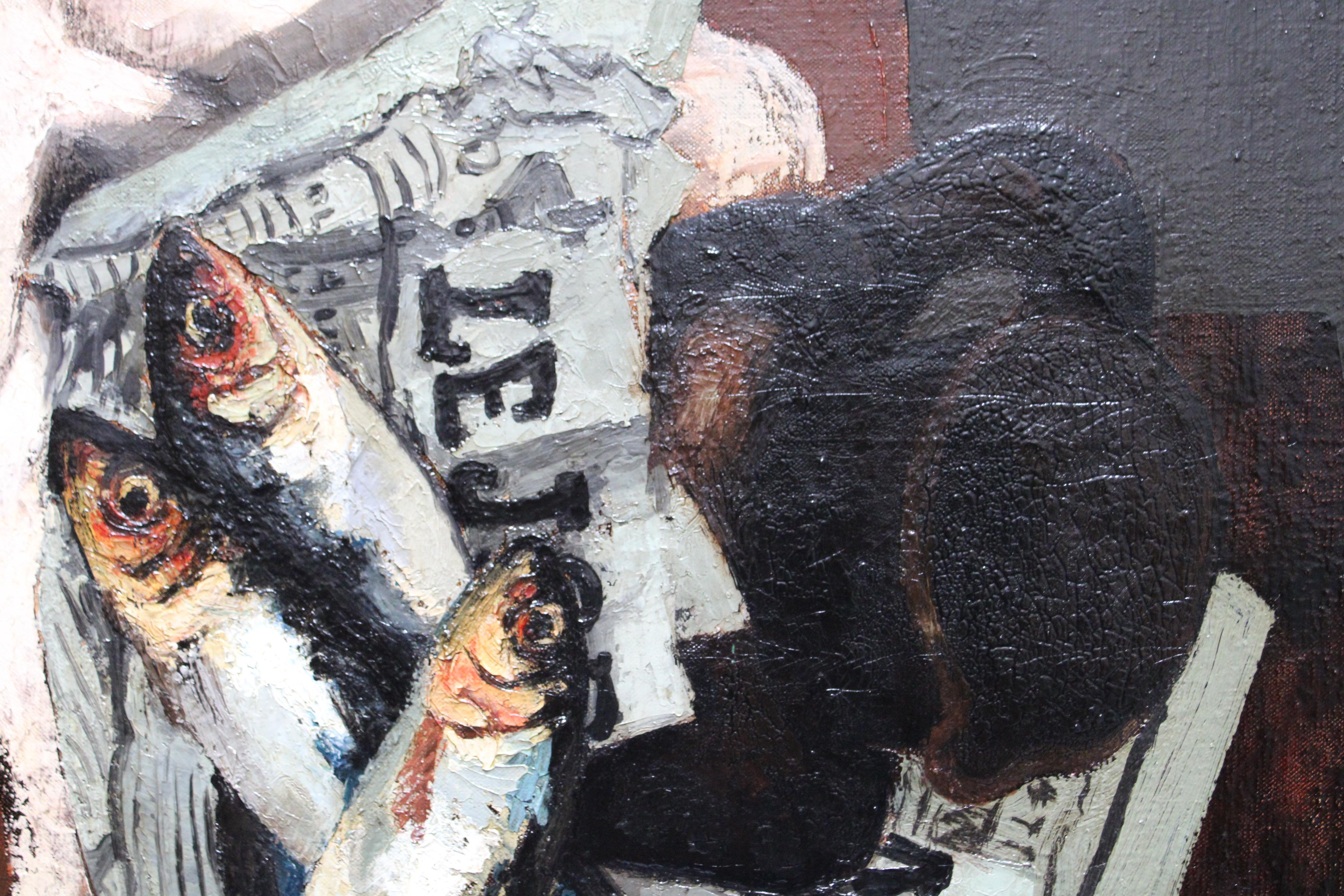 Pintura al óleo de pescado, bodegón vintage de pescado y periódico, pintura al óleo de sardinas 3