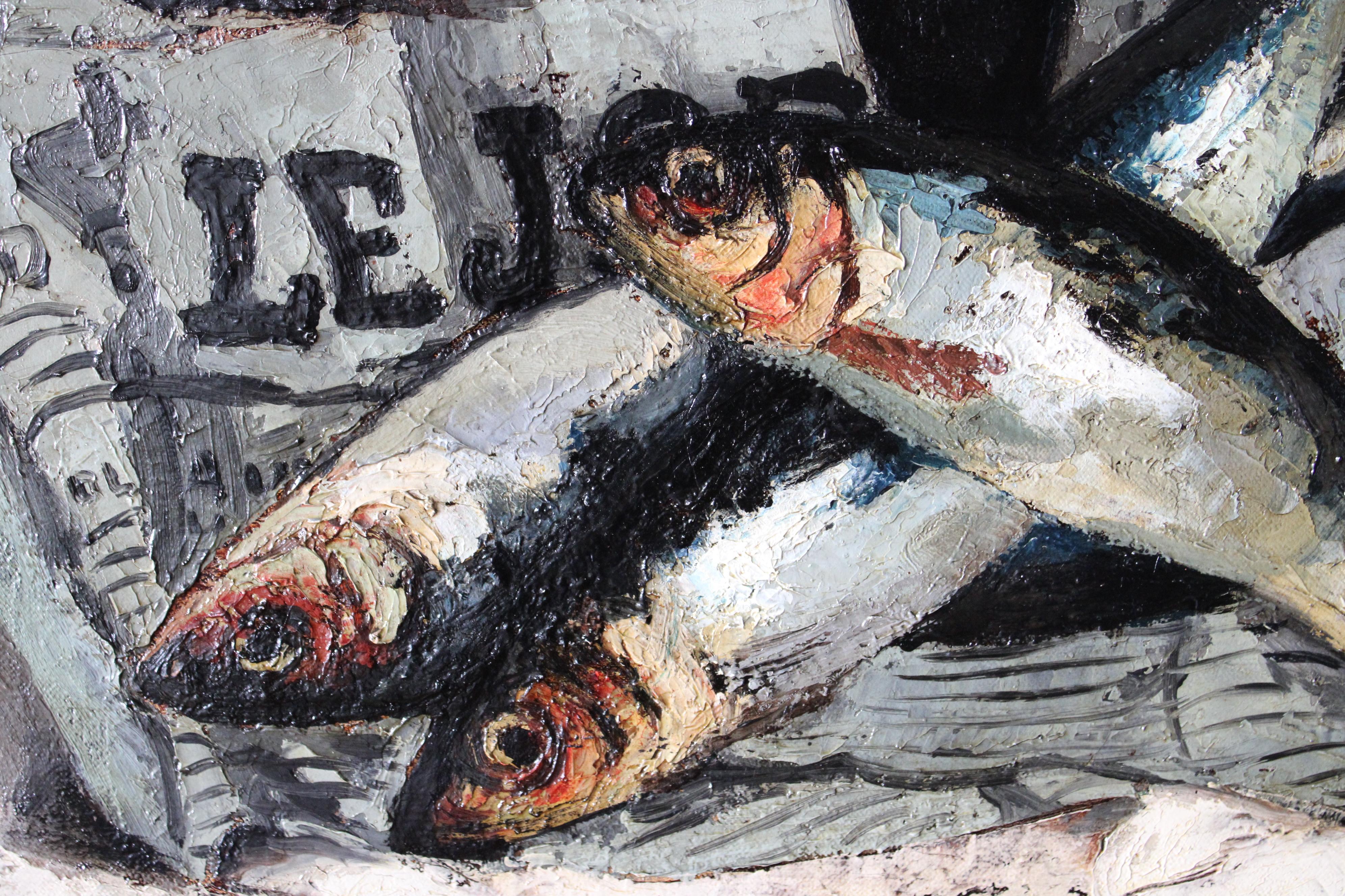 Fish Oil Painting, Vintage still life fish & newspaper, sardines oil painting 5