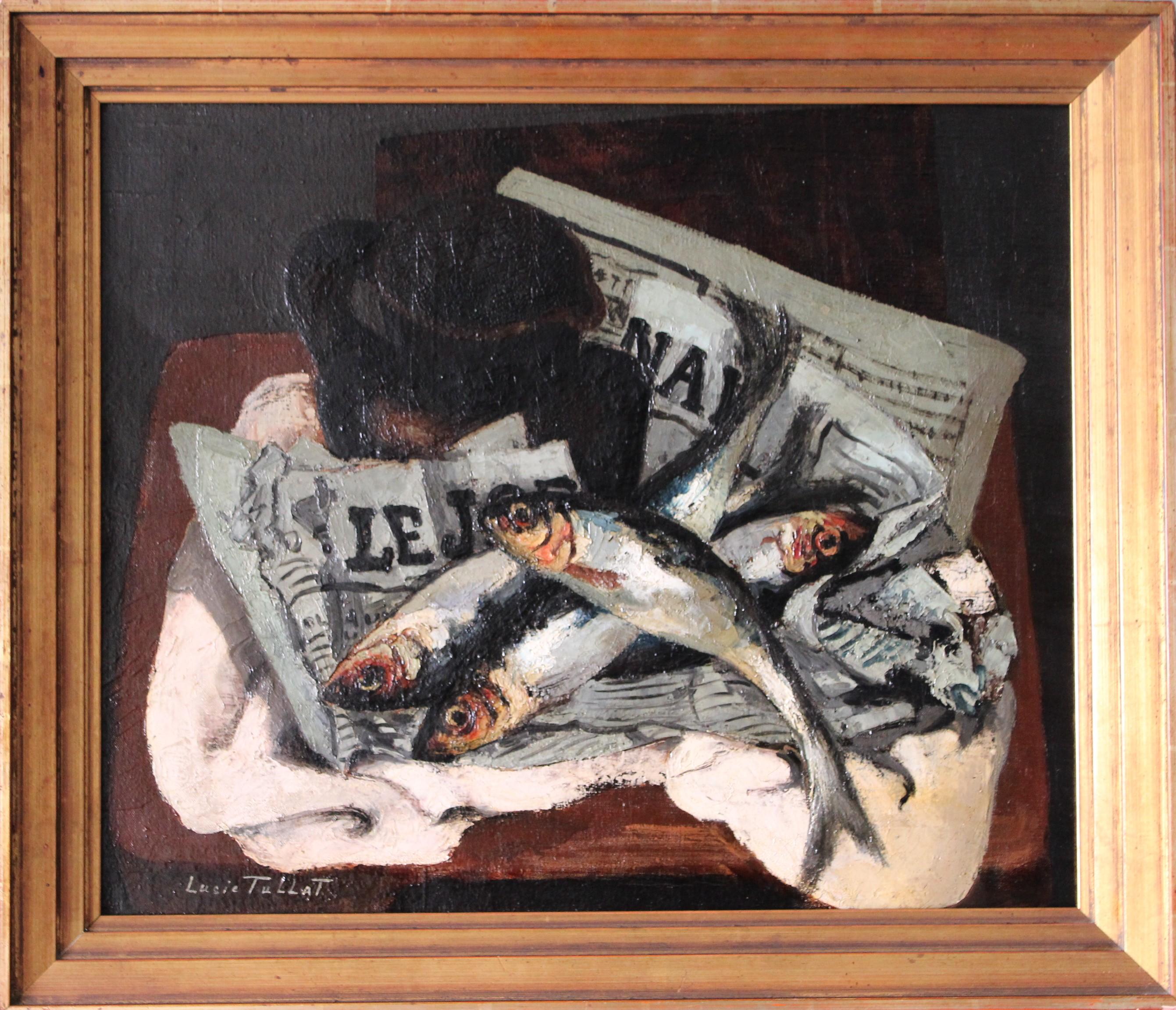 Lucie Tullat Animal Painting - Fish Oil Painting, Vintage still life fish & newspaper, sardines oil painting