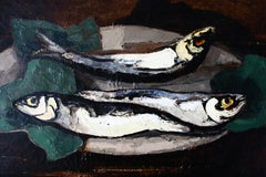 Natura morta di pesci d'epoca dipinta a olio dall'artista francese Lucie Tullat (1895-1984)